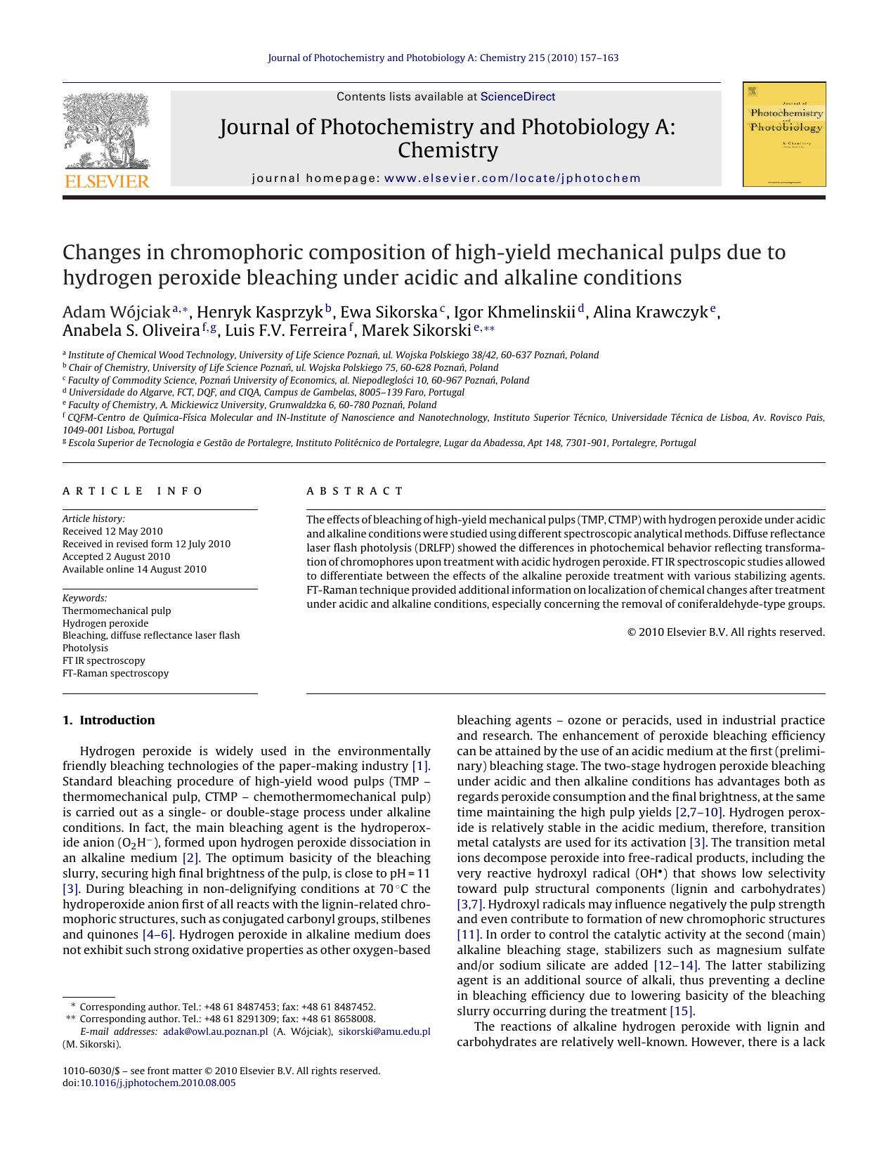 Changes in chromophoric composition of high-yield mechanical pulps due to hydrogen peroxide bleaching under acidic and alkaline conditions by Adam WÃ³jciak