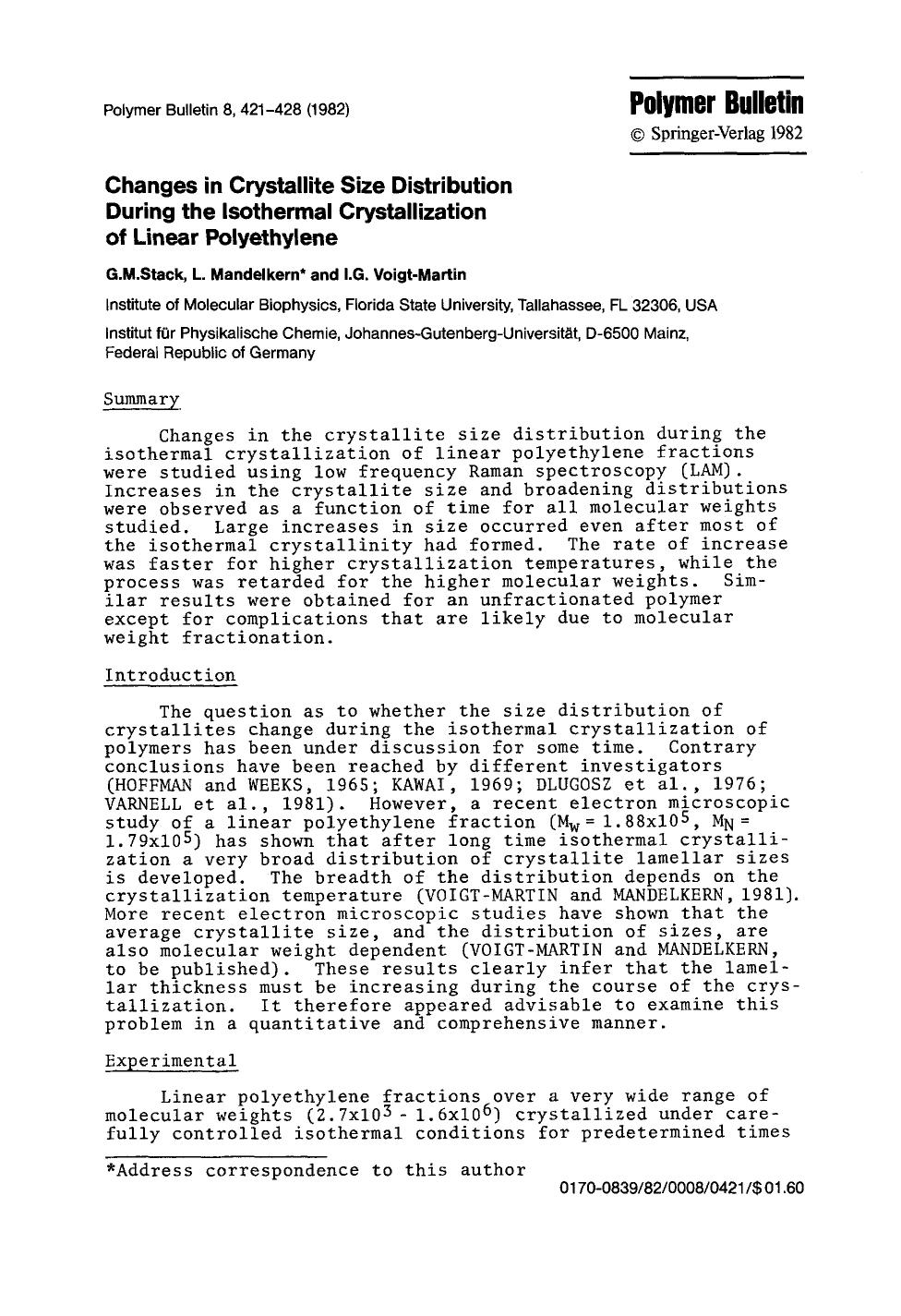 Changes in crystallite size distribution during the isothermal crystallization of linear polyethylene by Unknown