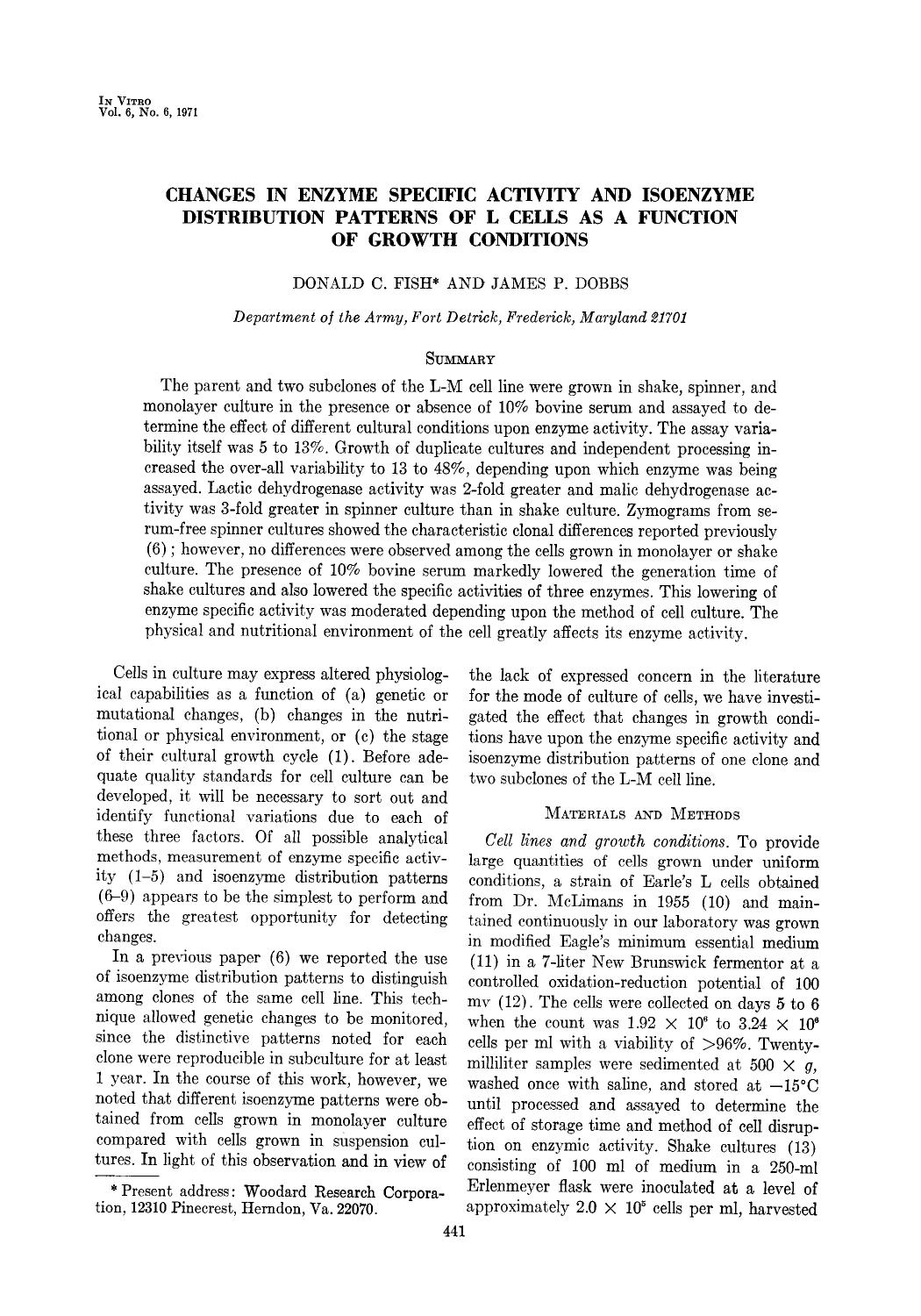 Changes in enzyme specific activity and isoenzyme distribution patterns of L cells as a function of growth conditions by Unknown
