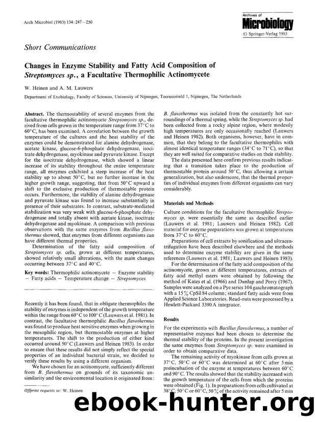 Changes in enzyme stability and fatty acid composition of <Emphasis Type="Italic">Streptomyces sp.<Emphasis>, a facultative thermophilic actinomycete by Unknown