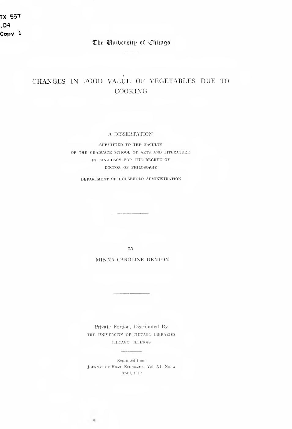 Changes in food value of vegetables due to cooking .. by Denton Minna Caroline
