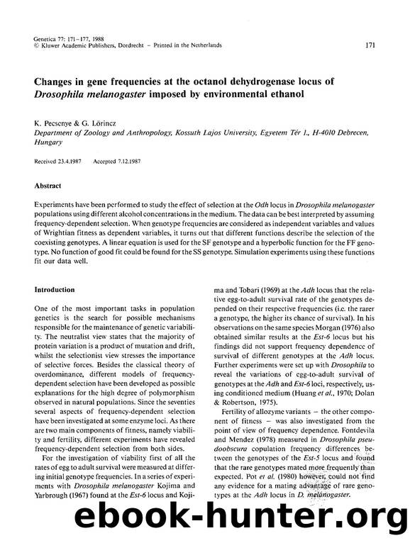 Changes in gene frequencies at the octanol dehydrogenase locus of <Emphasis Type="Italic">Drosophila melanogaster<Emphasis> imposed by environmental ethanol by Unknown