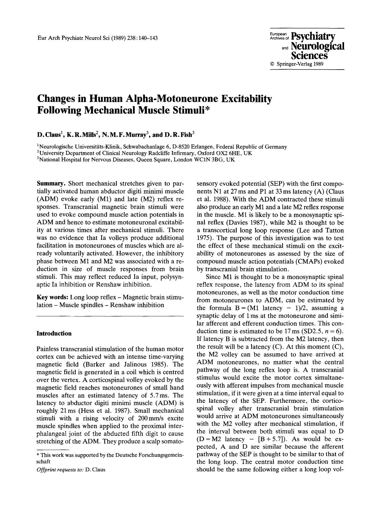 Changes in human alpha-motoneurone excitability following mechanical muscle stimuli by Unknown