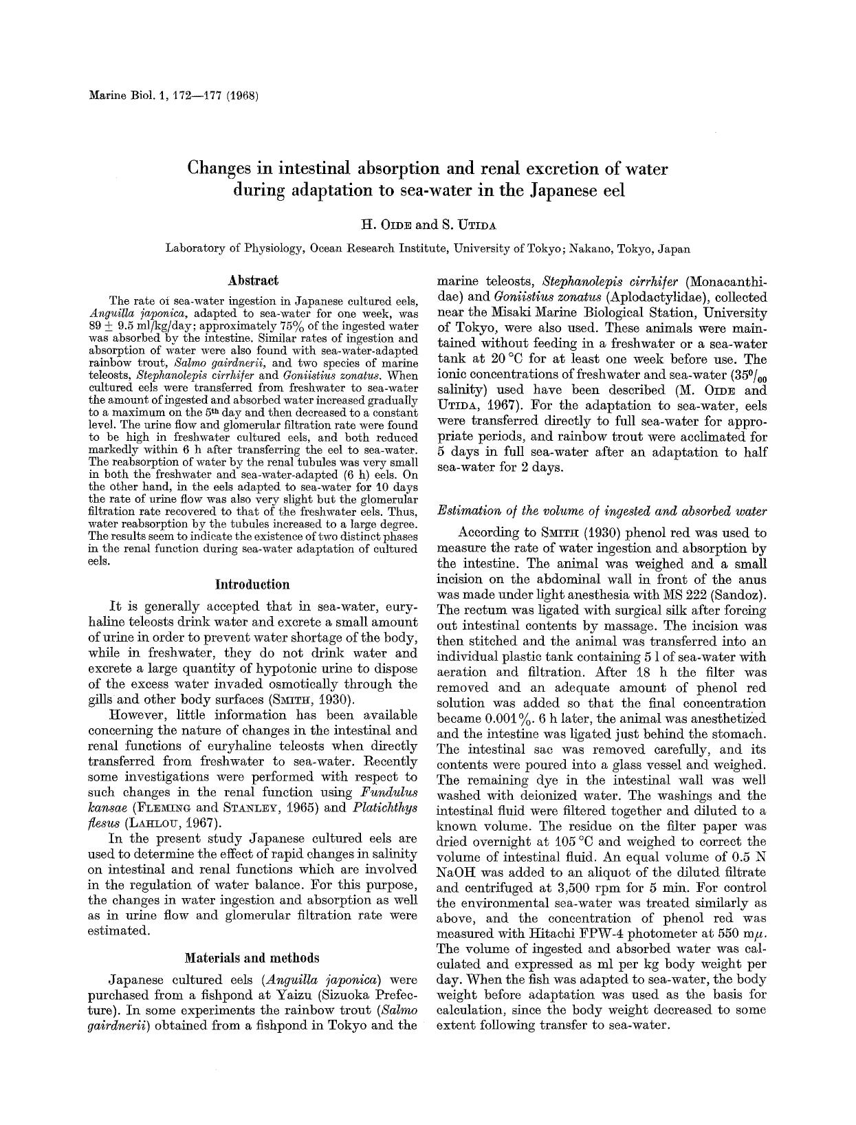 Changes in intestinal absorption and renal excretion of water during adaptation to sea-water in the Japanese eel by Unknown