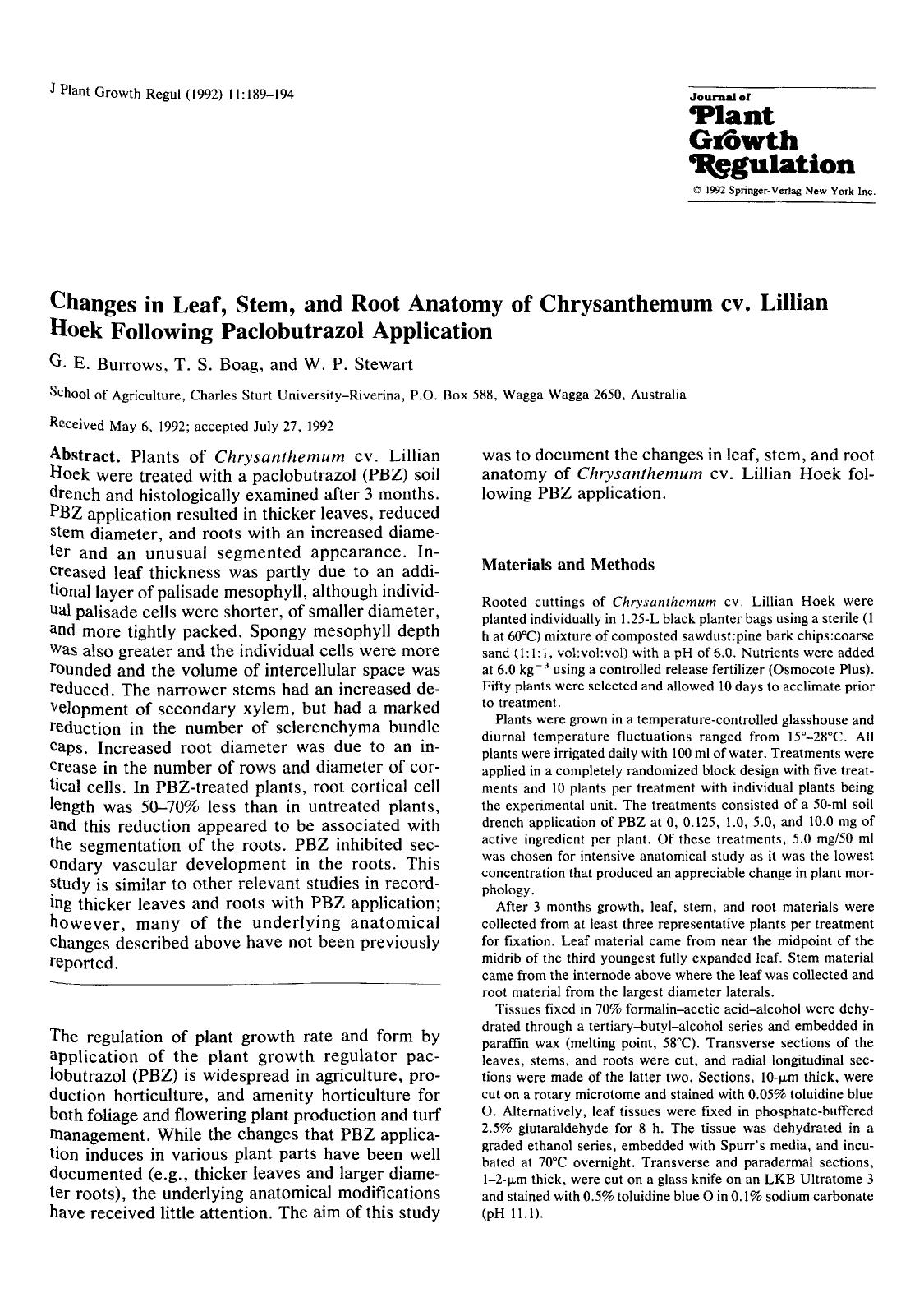 Changes in leaf, stem, and root anatomy of Chrysanthemum cv. Lillian Hoek following paclobutrazol application by Unknown