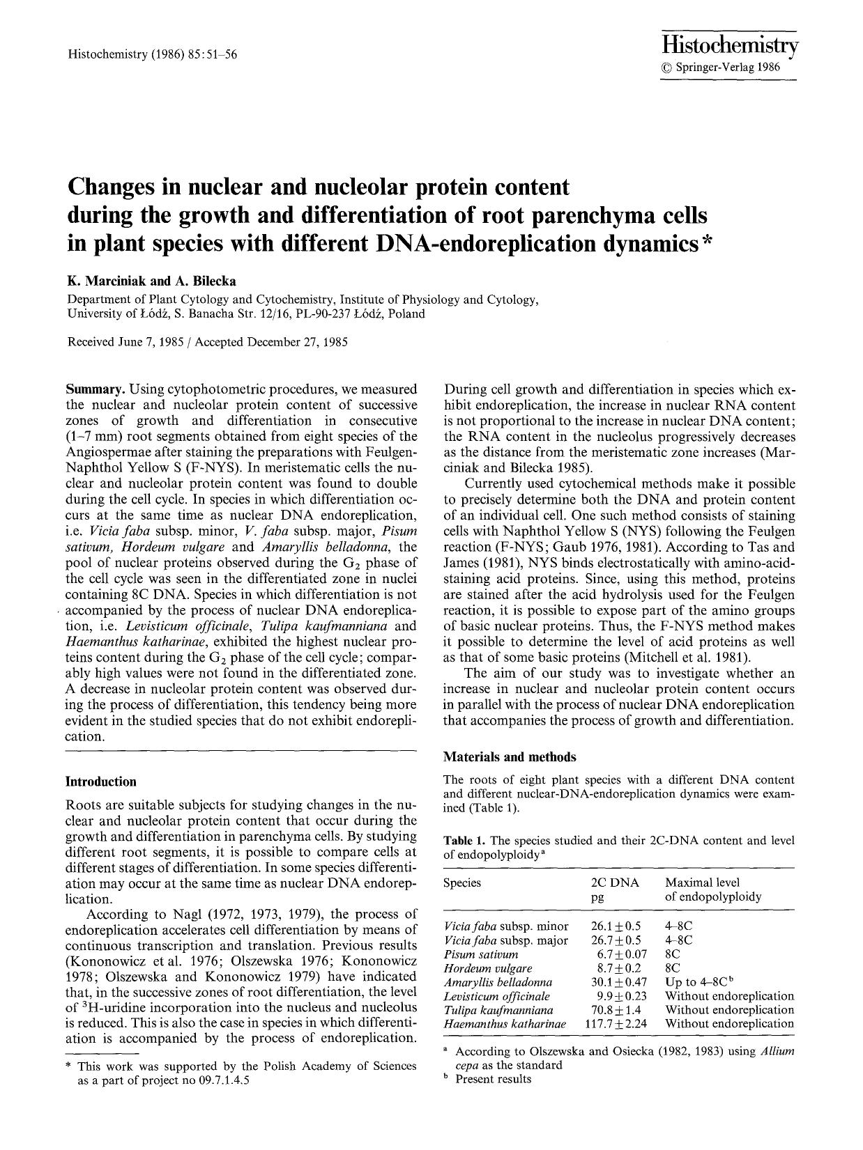 Changes in nuclear and nucleolar protein content during the growth and differentiation of root parenchyma cells in plant species with different DNA-endoreplication dynamics by Unknown