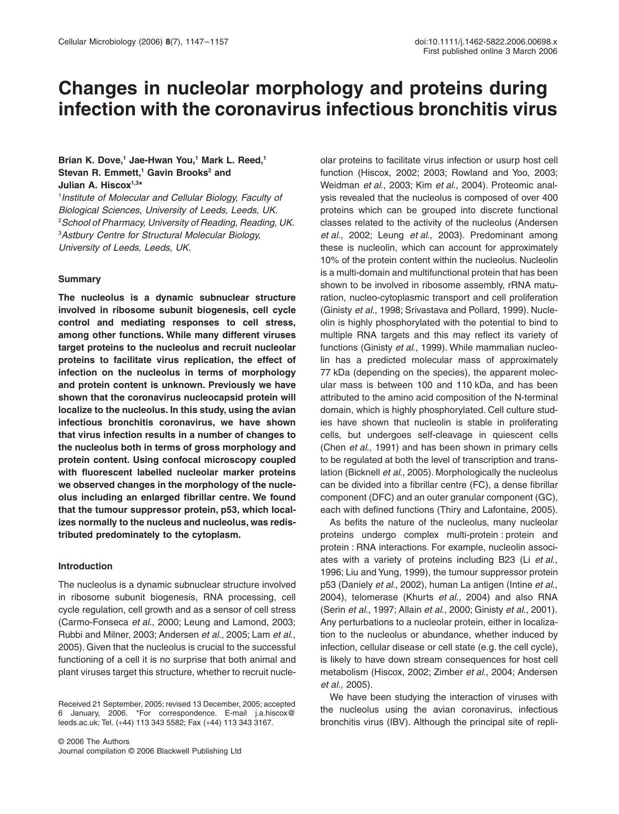 Changes in nucleolar morphology and proteins during infection with the coronavirus infectious bronchitis virus by Crystal