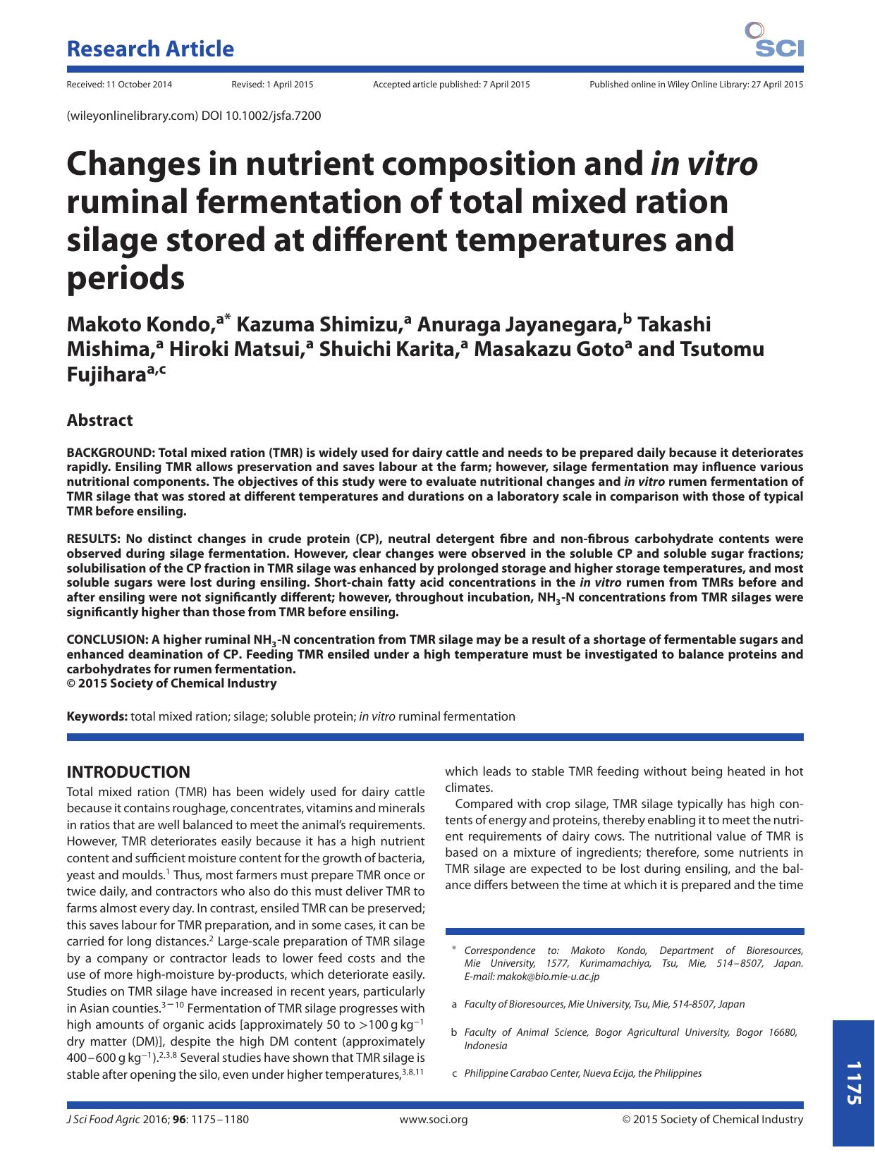 Changes in nutrient composition and in vitro ruminal fermentation of total mixed ration silage stored at different temperatures and periods by Unknown