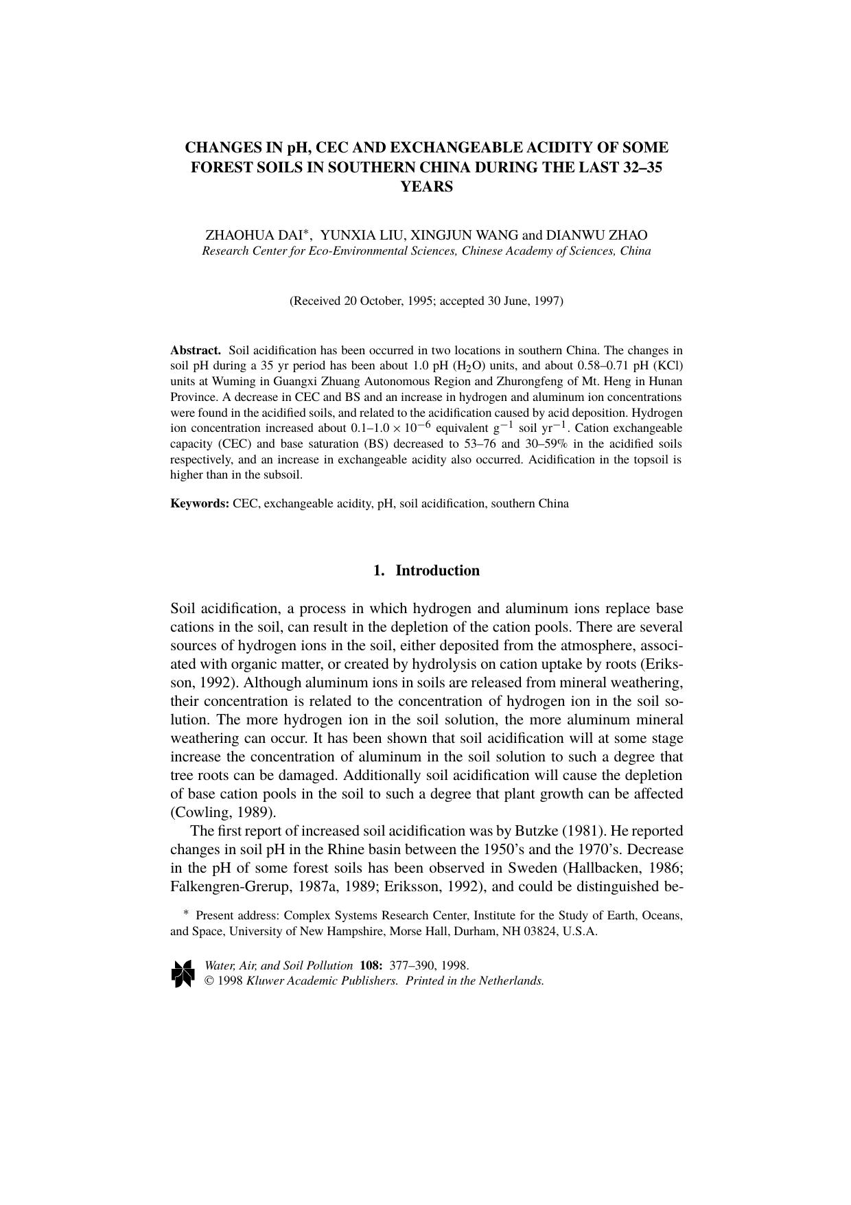 Changes in pH, CEC and Exchangeable Acidity of Some Forest Soils in Southern China During the Last 32&#x2013;35 Years by Unknown