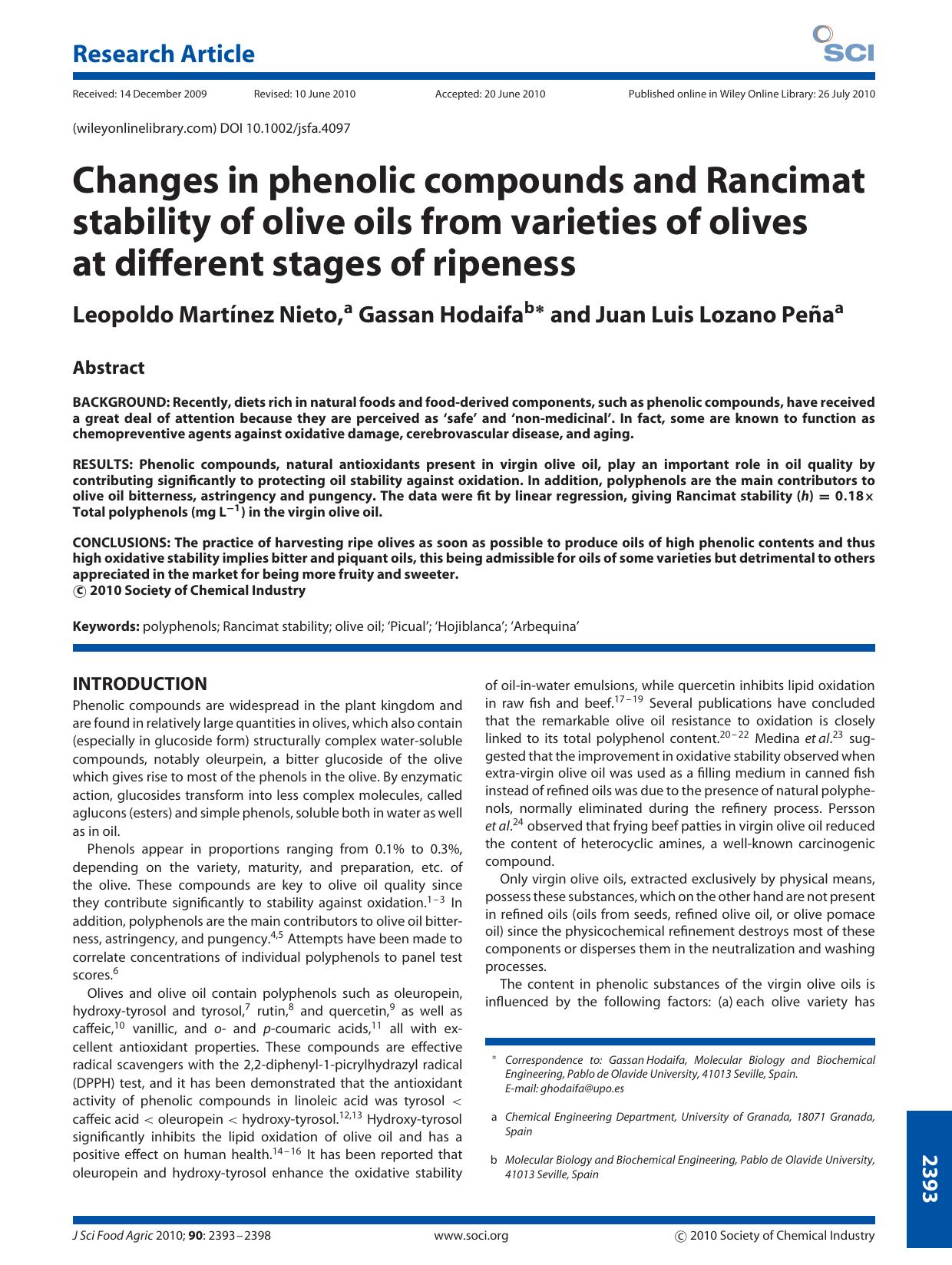 Changes in phenolic compounds and Rancimat stability of olive oils from varieties of olives at different stages of ripeness by Unknown