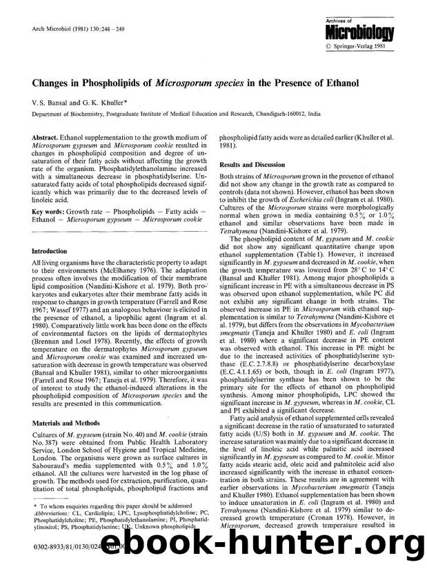 Changes in phospholipids of <Emphasis Type="Italic">Microsporum species<Emphasis> in the presence of ethanol by Unknown