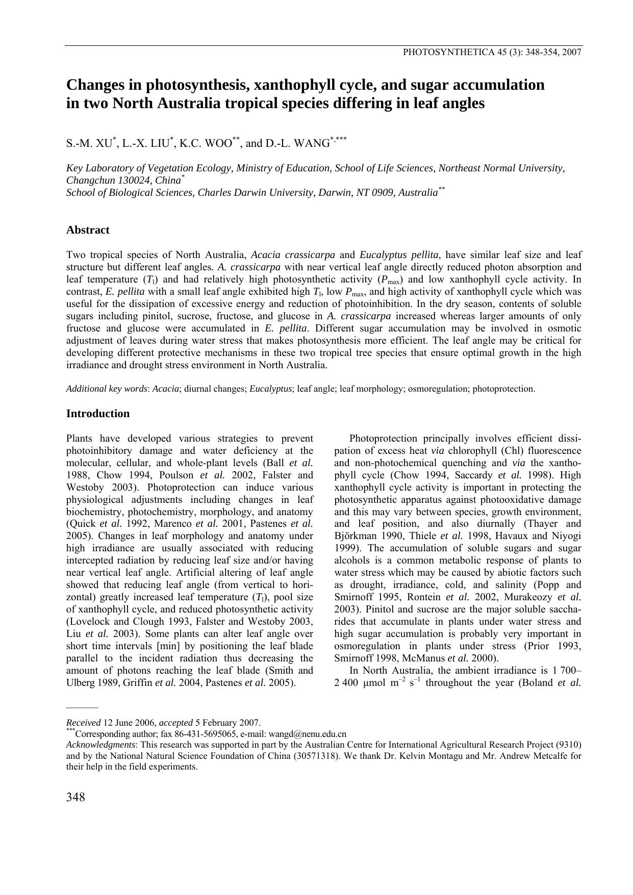 Changes in photosynthesis, xanthophyll cycle, and sugar accumulation in two North Australia tropical species differing in leaf angles by Unknown