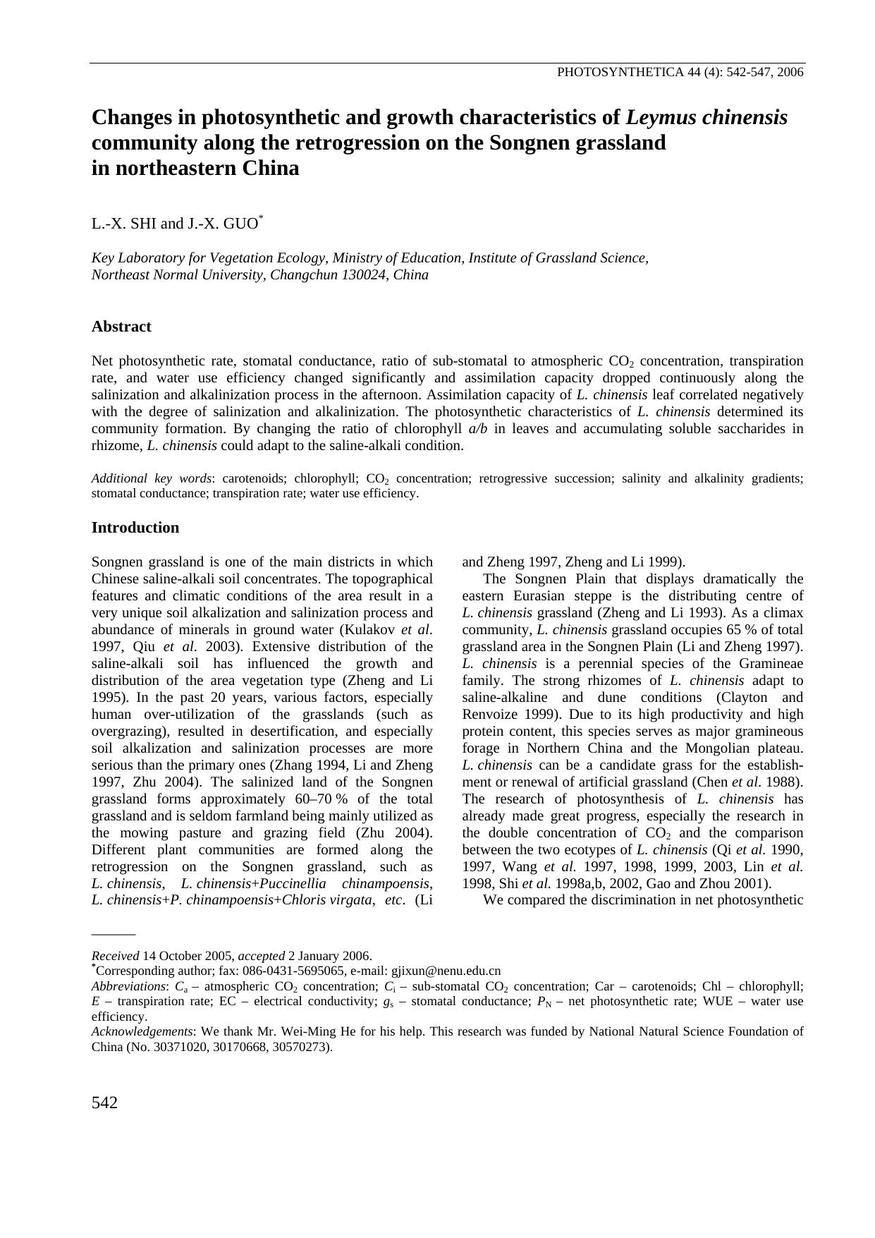 Changes in photosynthetic and growth characteristics of <Emphasis Type="Italic">Leymus chinensis<Emphasis> community along the retrogression on the Songnen grassland in northeastern China by Unknown
