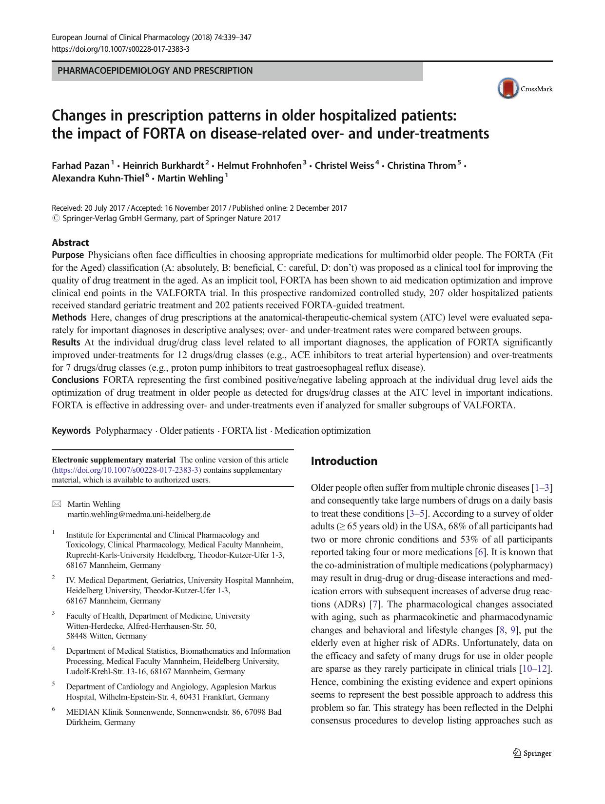 Changes in prescription patterns in older hospitalized patients: the impact of FORTA on disease-related over- and under-treatments by unknow