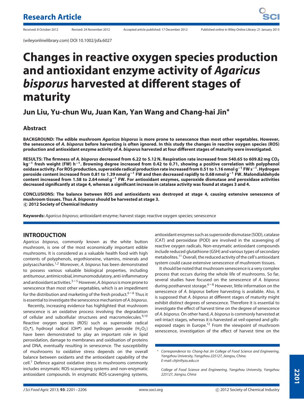 Changes in reactive oxygen species production and antioxidant enzyme activity of Agaricus bisporus harvested at different stages of maturity by Unknown