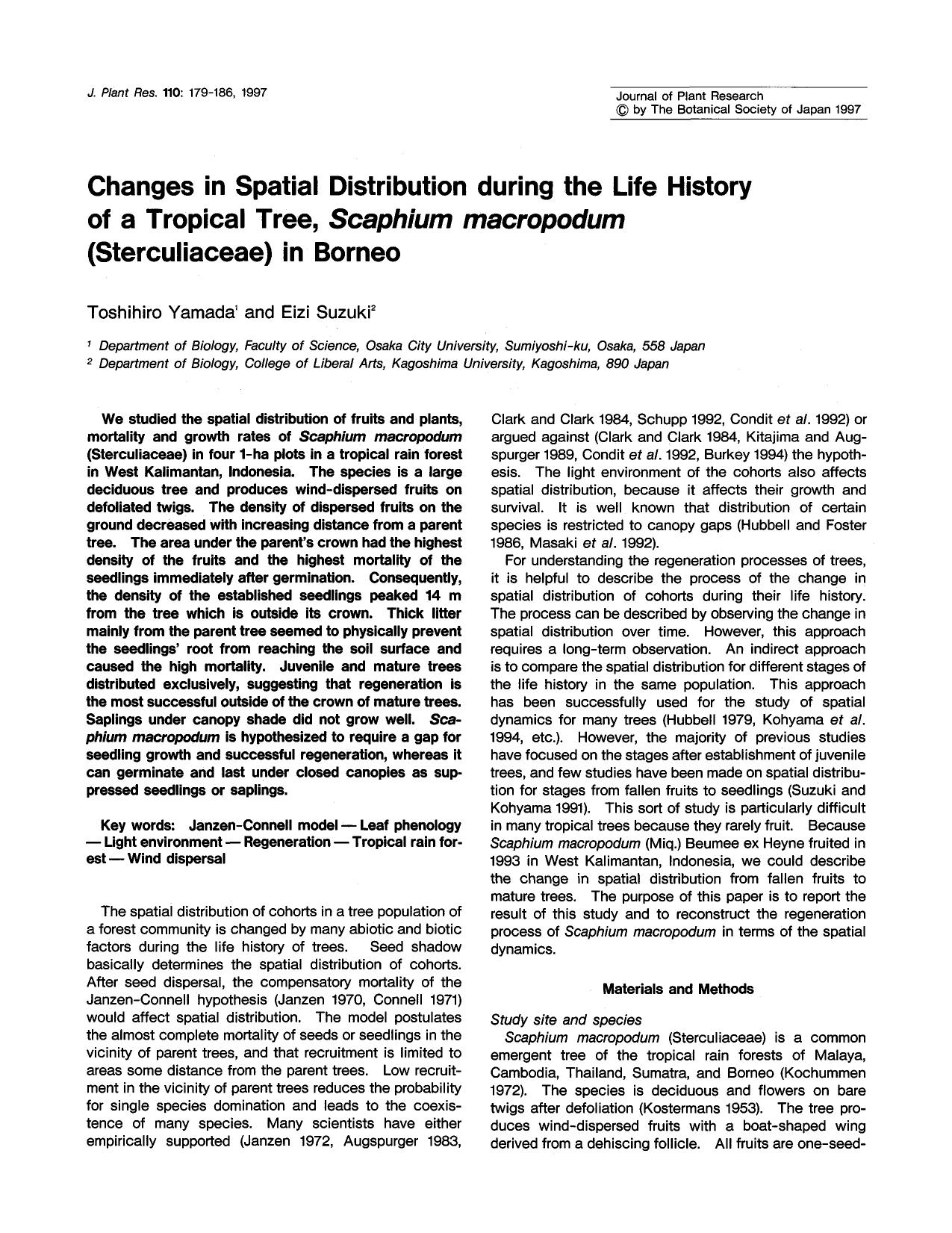 Changes in spatial distribution during the life history of a tropical tree, <Emphasis Type="Italic">Scaphium macropodum <Emphasis> (Sterculiaceae) in borneo by Unknown