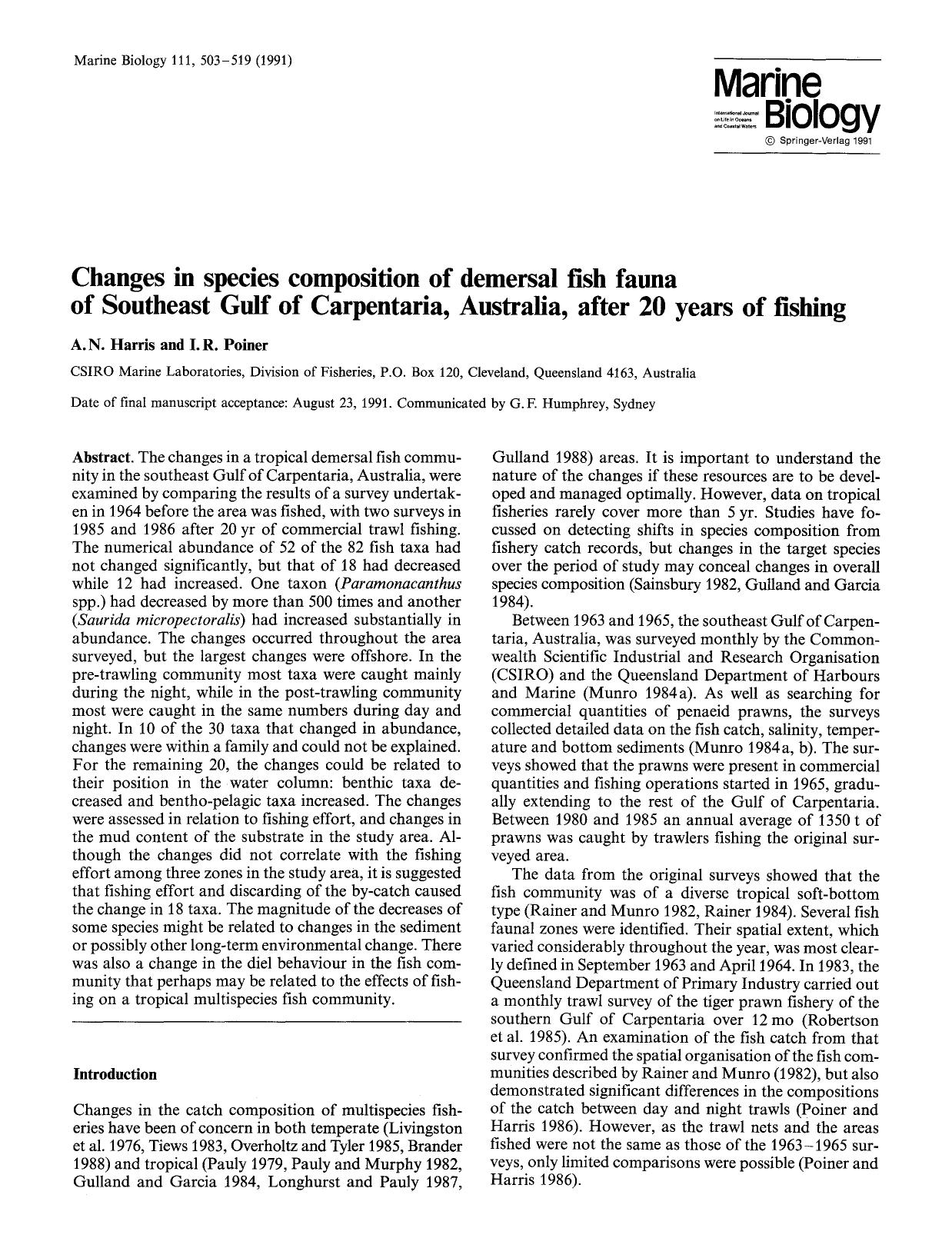 Changes in species composition of demersal fish fauna of Southeast Gulf of Carpentaria, Australia, after 20 years of fishing by Unknown