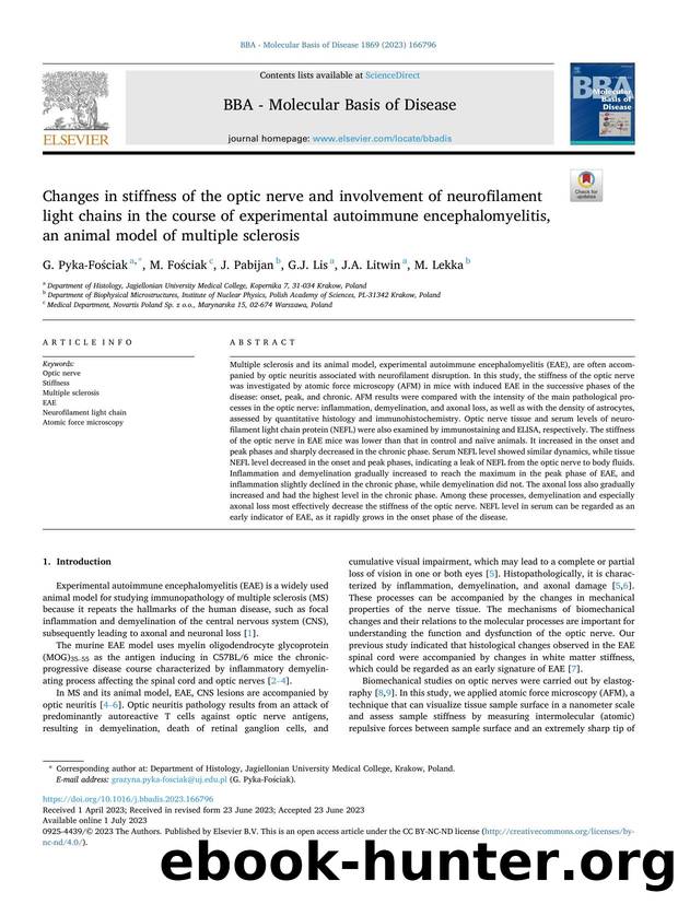 Changes in stiffness of the optic nerve and involvement of neurofilament light chains in the course of experimental autoimmune encephalomyelitis, an animal model of multiple sclerosis by G. Pyka-Fościak & M. Fościak & J. Pabijan & G.J. Lis & J.A. Litwin & M. Lekka