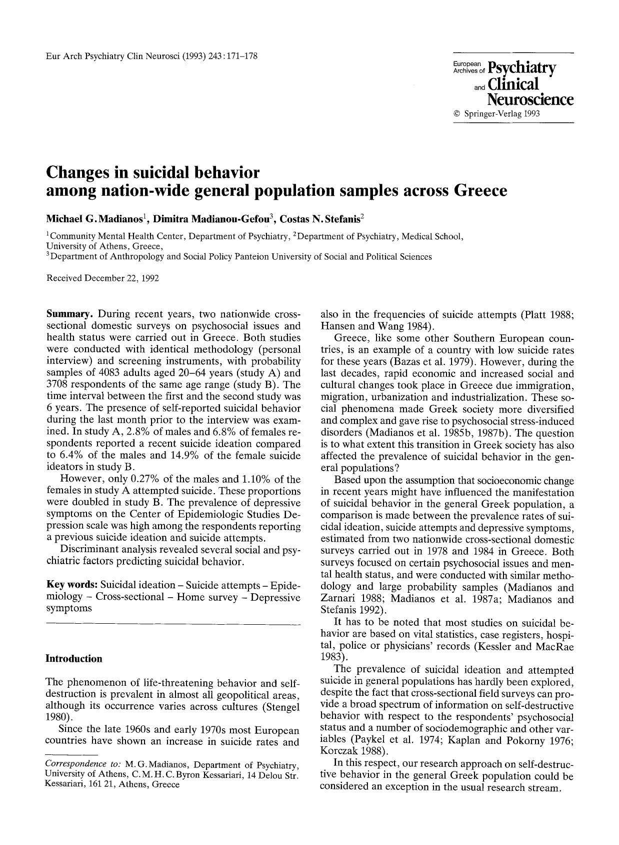 Changes in suicidal behavior among nation-wide general population samples across Greece by Unknown