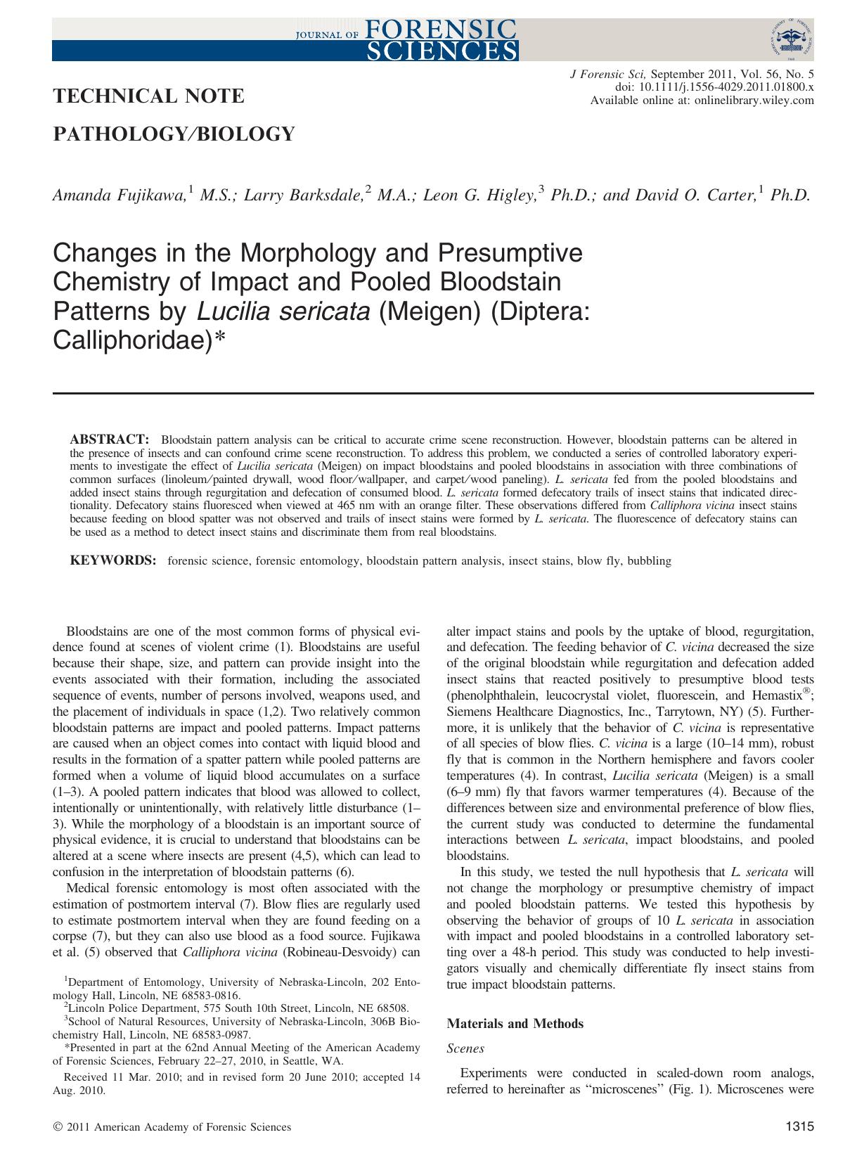 Changes in the Morphology and Presumptive Chemistry of Impact and Pooled Bloodstain Patterns by Lucilia sericata (Meigen) (Diptera: Calliphoridae) by Unknown
