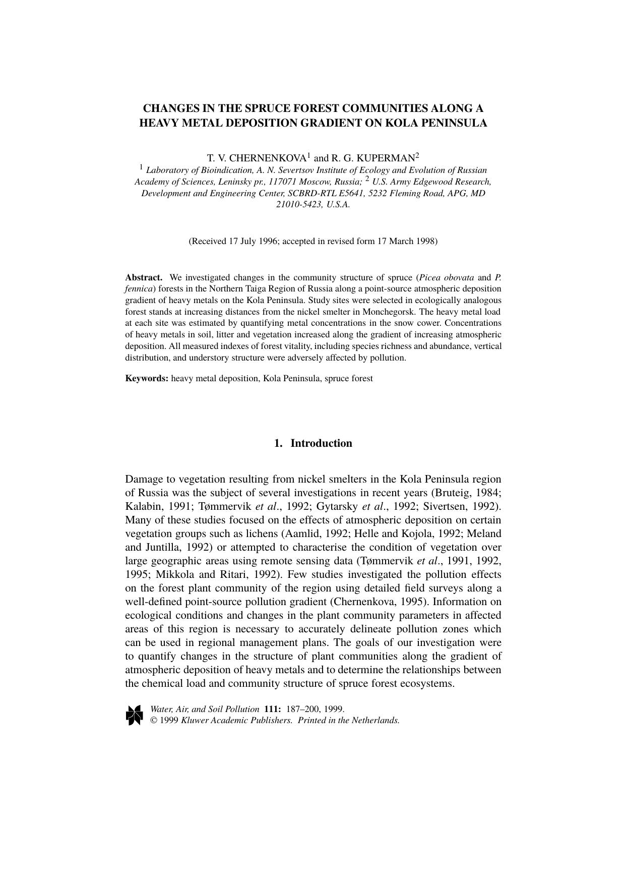 Changes in the Spruce Forest Communities Along a Heavy Metal Deposition Gradient on Kola Peninsula by Unknown