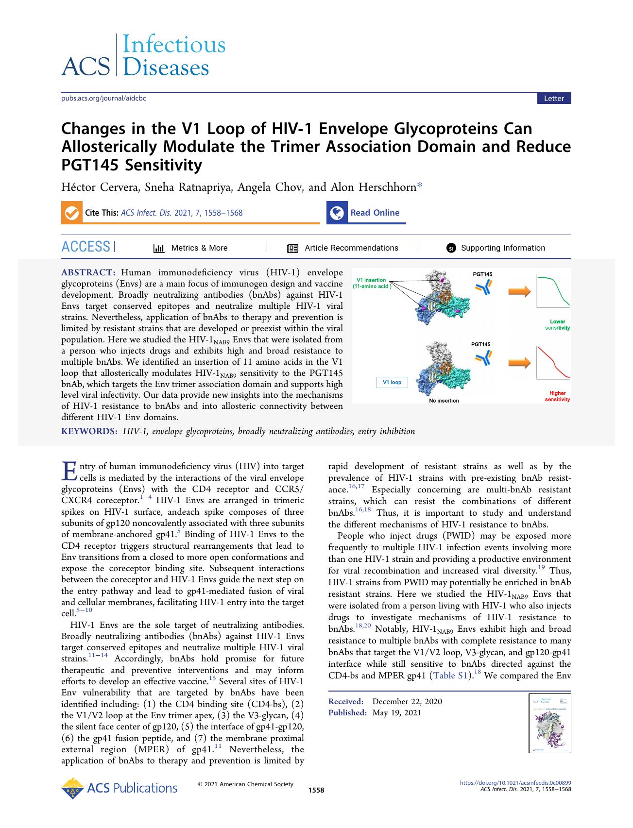 Changes in the V1 Loop of HIV-1 Envelope Glycoproteins Can Allosterically Modulate the Trimer Association Domain and Reduce PGT145 Sensitivity by Héctor Cervera Sneha Ratnapriya Angela Chov and Alon Herschhorn