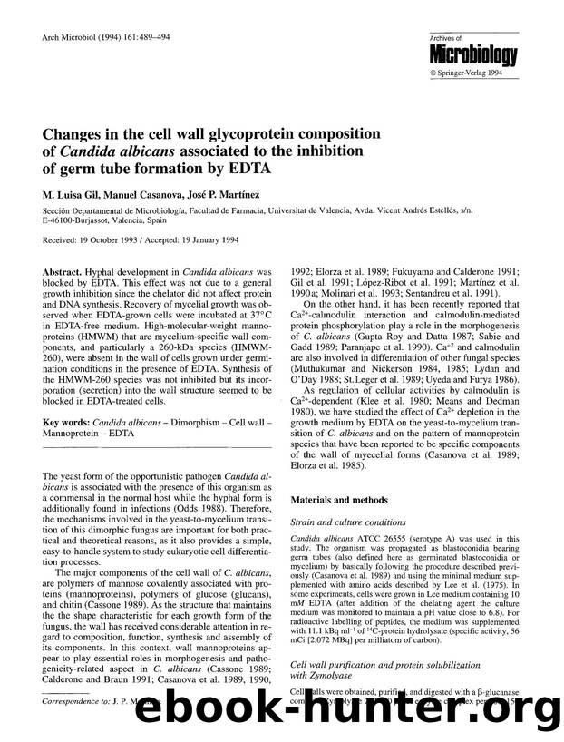 Changes in the cell wall glycoprotein composition of <Emphasis Type="Italic">Candida albicans<Emphasis> associated to the inhibition of germ tube formation by EDTA by Unknown