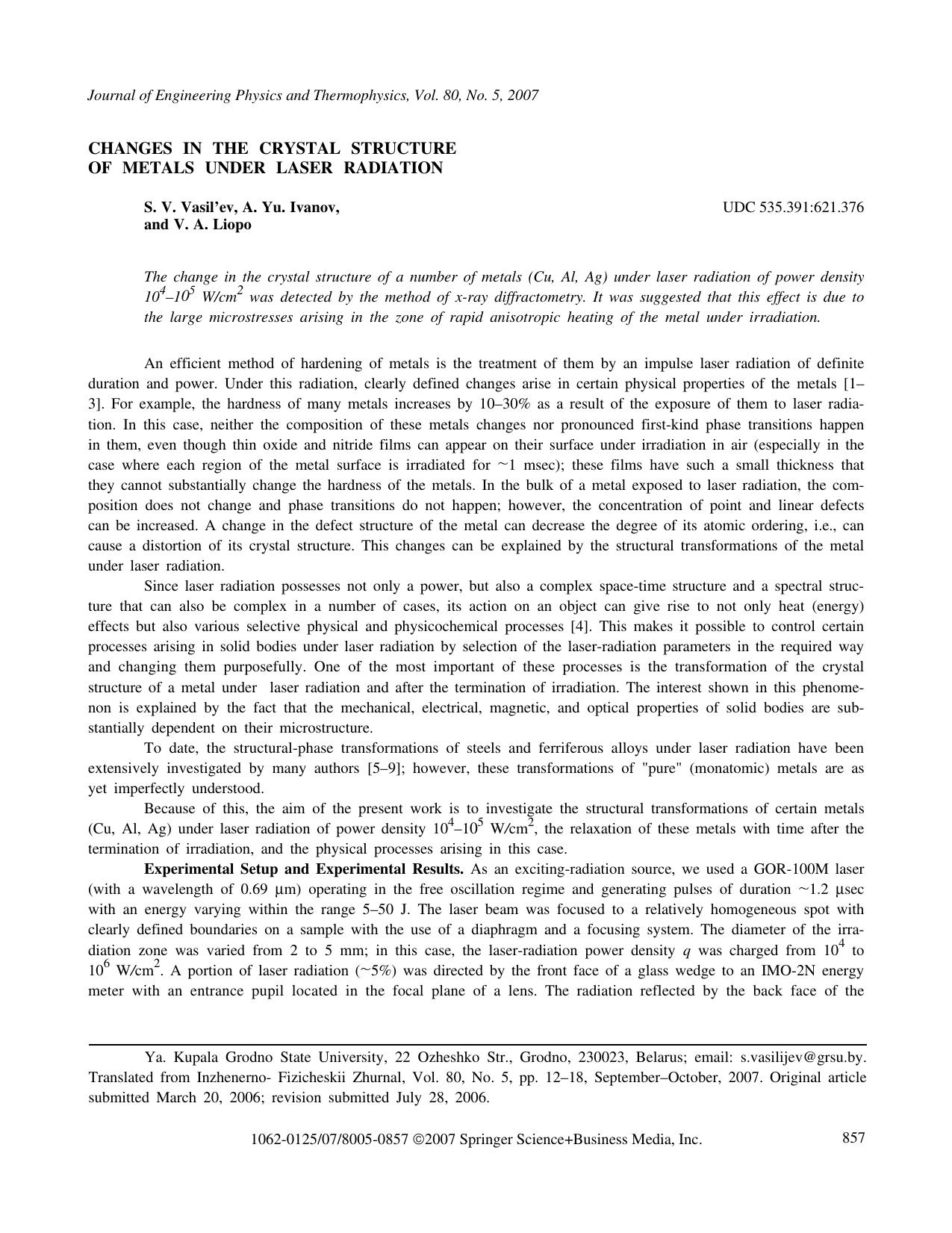 Changes in the crystal structure of metals under laser radiation by Unknown