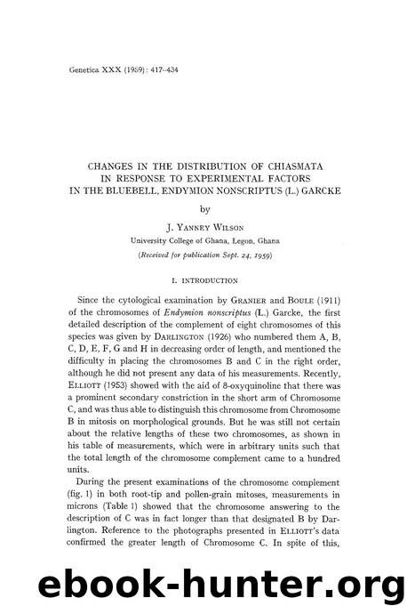 Changes in the distribution of chiasmata in response to experimental factors in the Bluebell, Endymion nonscriptus (L.) Garcke by Unknown
