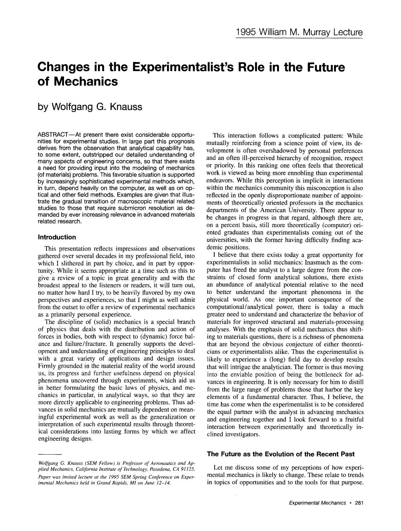 Changes in the experimentalist's role in the future of mechanics by Unknown