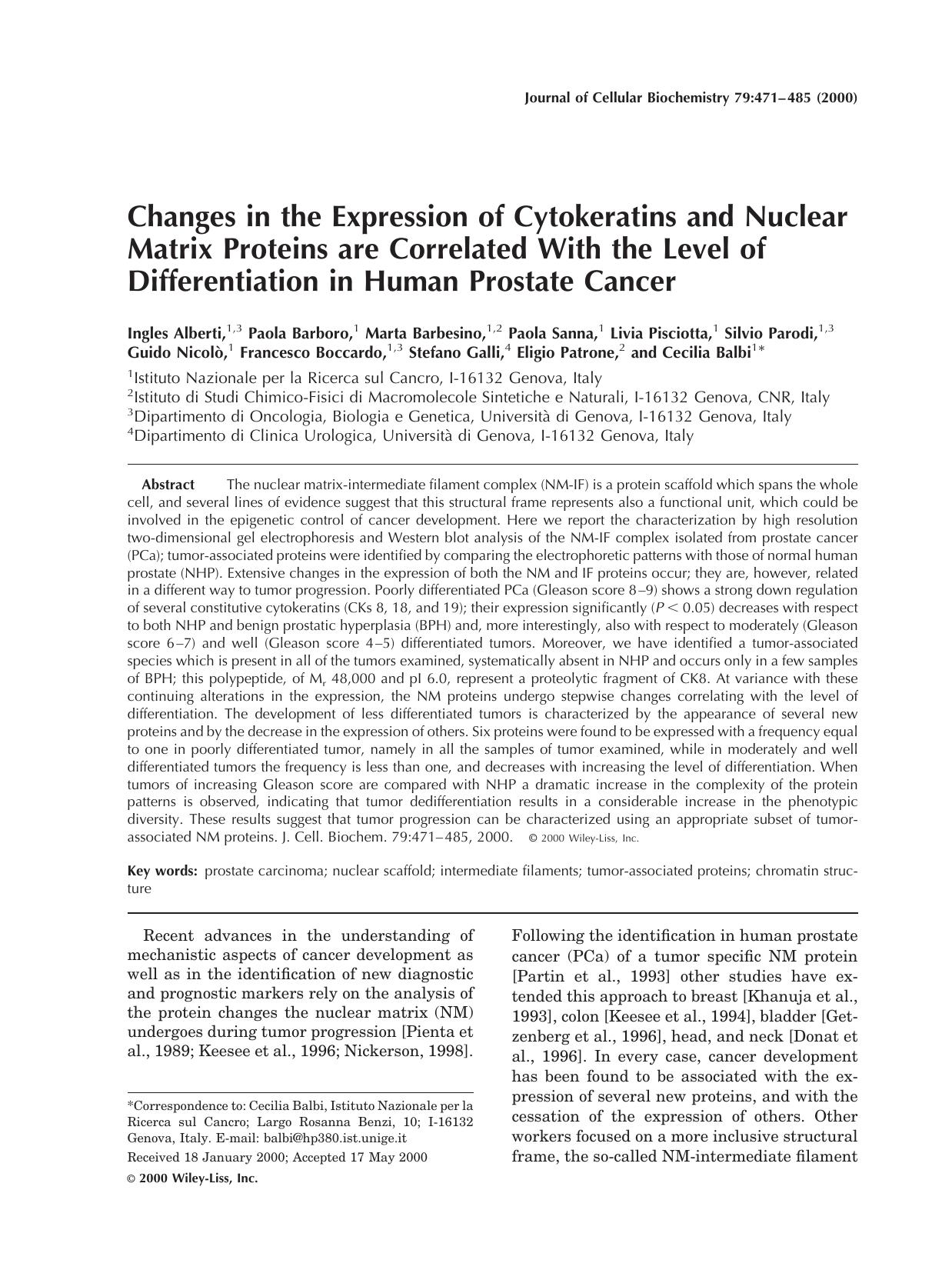Changes in the expression of cytokeratins and nuclear matrix proteins are correlated with the level of differentiation in human prostate cancer by Unknown