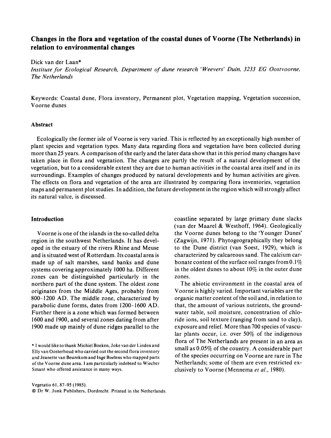 Changes in the flora and vegetation of the coastal dunes of Voorne (The Netherlands) in relation to environmental changes by Unknown