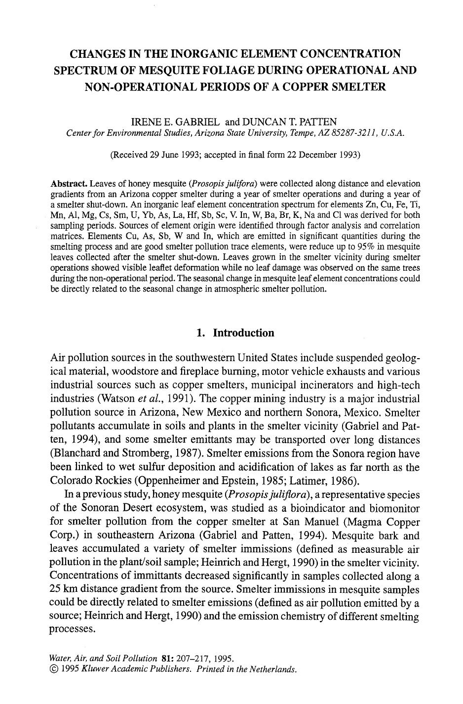 Changes in the inorganic element concentration spectrum of mesquite foliage during operational and non-operational periods of a copper smelter by Unknown