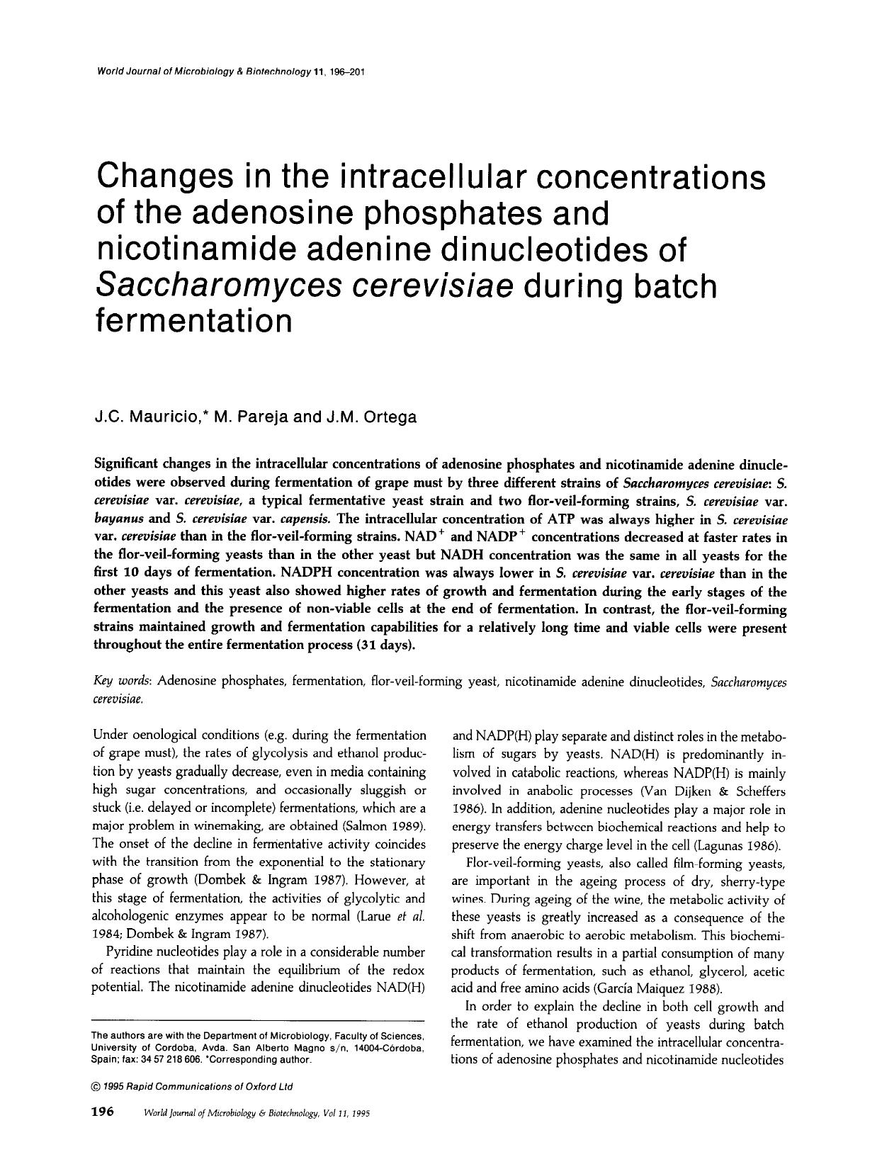 Changes in the intracellular concentrations of the adenosine phosphates and nicotinamide adenine dinucleotides of <Emphasis Type="Italic">Saccharomyces cerevisiae <Emphasis> during batch fermentation by Unknown