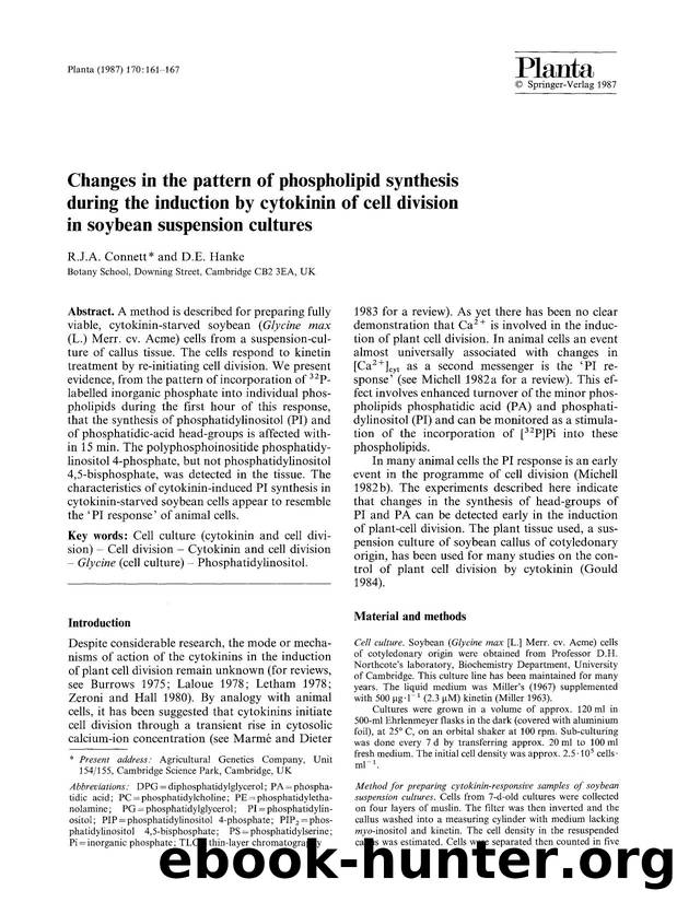 Changes in the pattern of phospholipid synthesis during the induction by cytokinin of cell division in soybean suspension cultures by Unknown