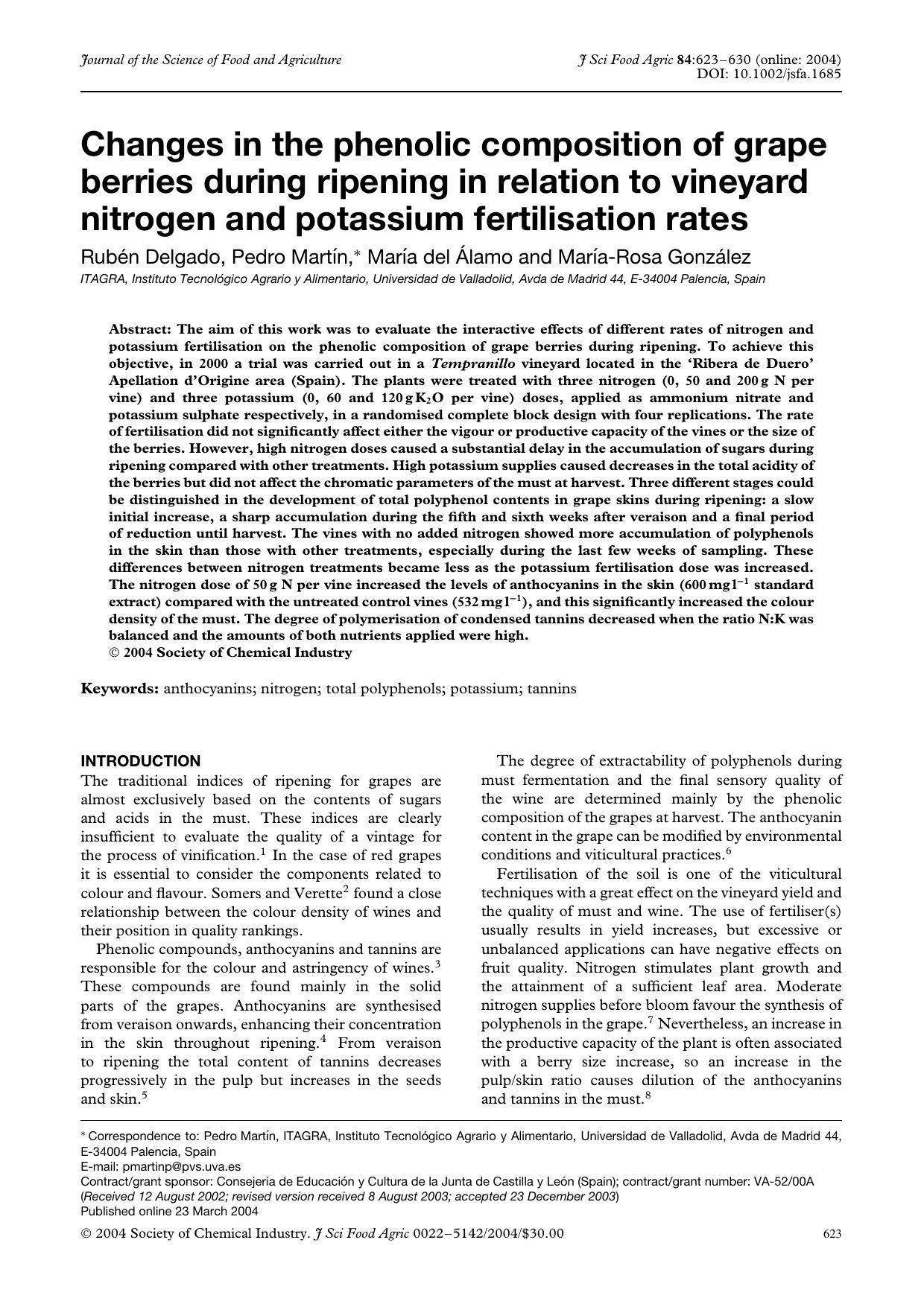 Changes in the phenolic composition of grape berries during ripening in relation to vineyard nitrogen and potassium fertilisation rates by Unknown
