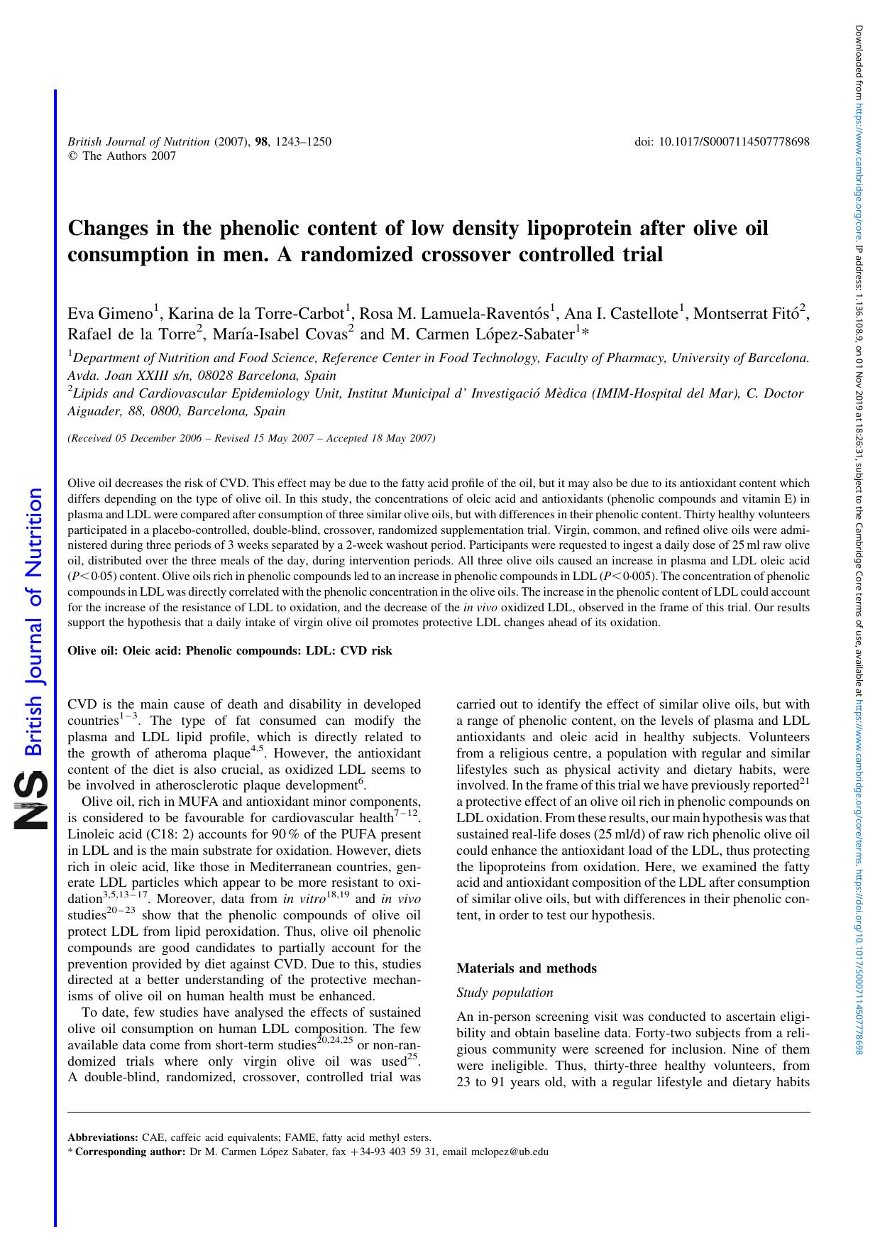 Changes in the phenolic content of low density lipoprotein after olive oil consumption in men. A randomized crossover controlled trial by unknow