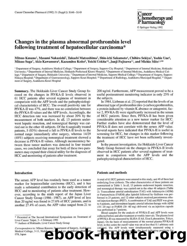 Changes in the plasma abnormal prothrombin level following treatment of hepatocellular carcinoma by Unknown