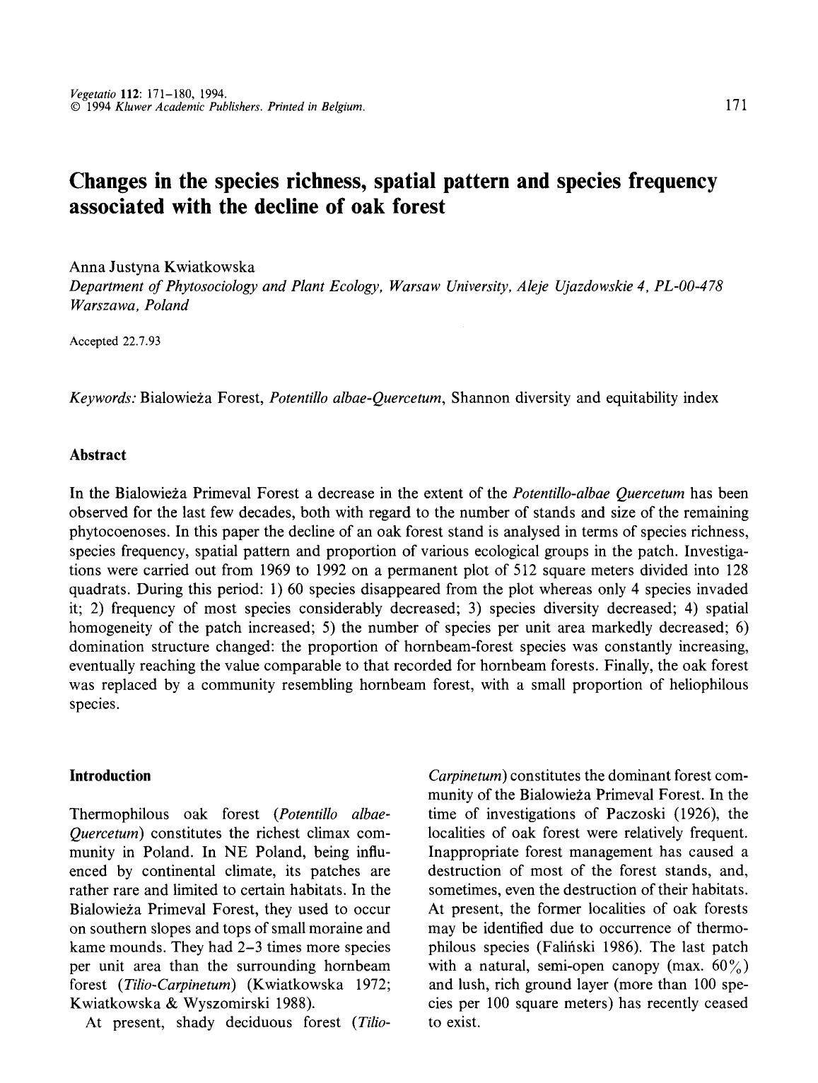 Changes in the species richness, spatial pattern and species frequency associated with the decline of oak forest by Unknown