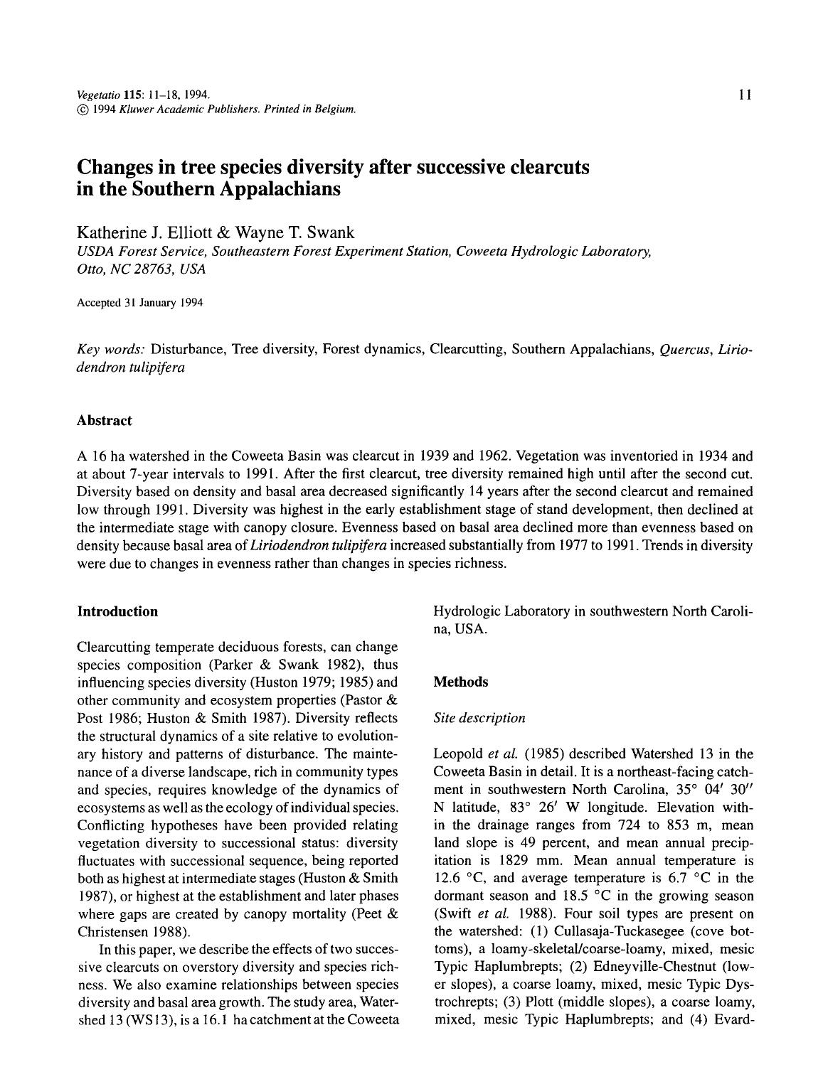Changes in tree species diversity after successive clearcuts in the Southern Appalachians by Unknown