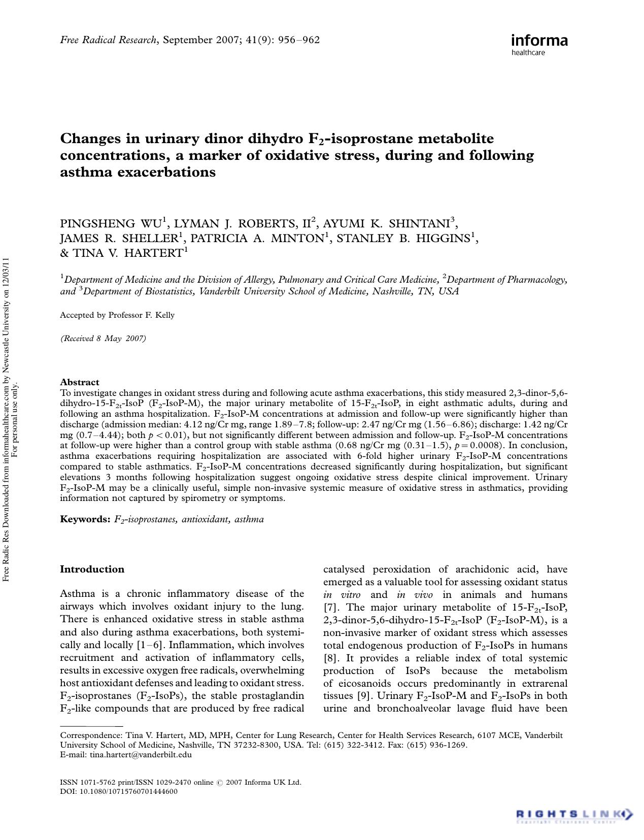 Changes in urinary dinor dihydro F2-isoprostane metabolite concentrations, a marker of oxidative stress, during and following asthma exacerbations by unknow