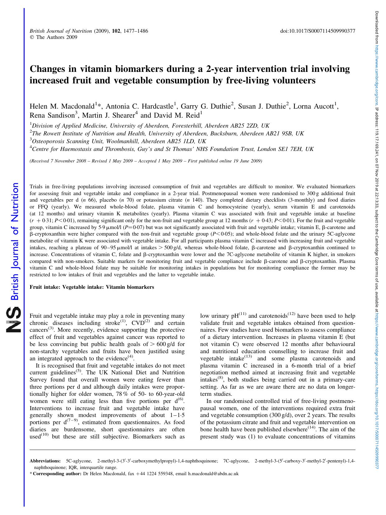 Changes in vitamin biomarkers during a 2-year intervention trial involving increased fruit and vegetable consumption by free-living volunteers by unknow