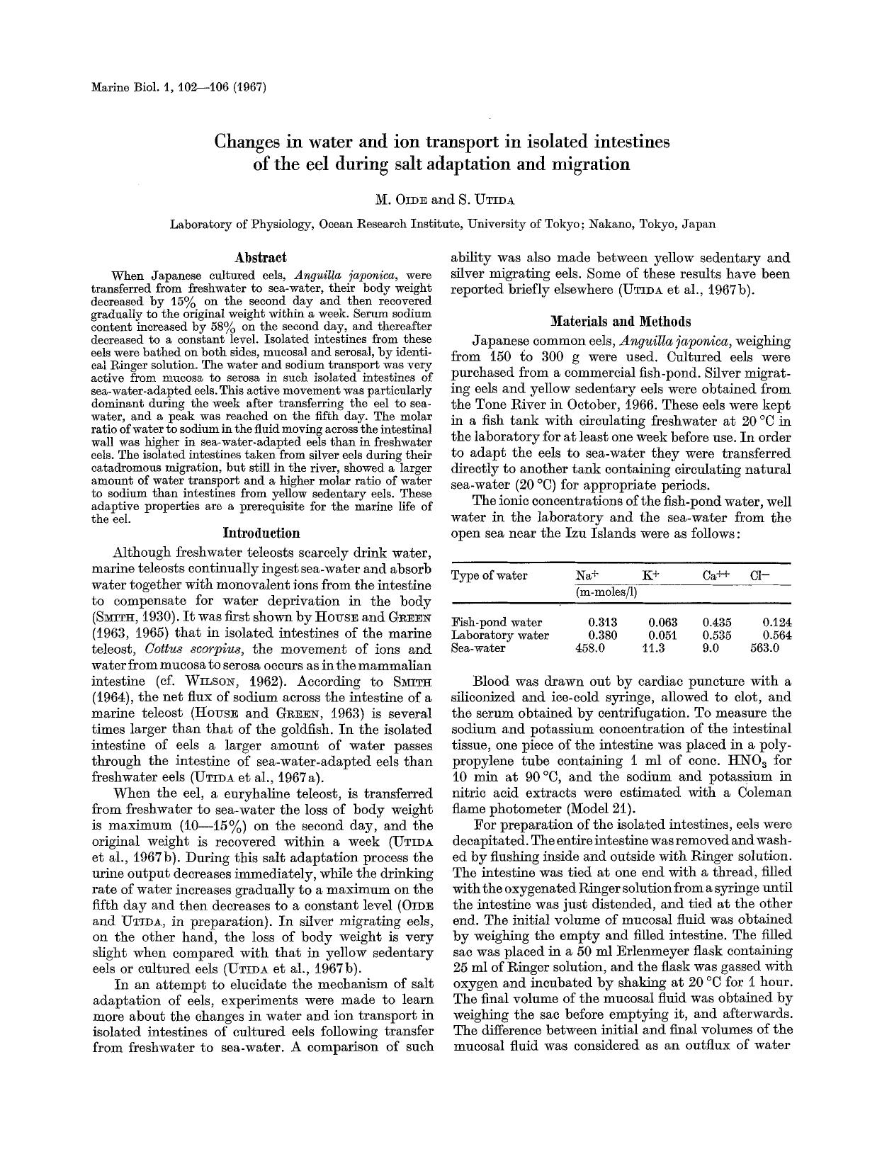 Changes in water and ion transport in isolated intestines of the eel during salt adaptation and migration by Unknown