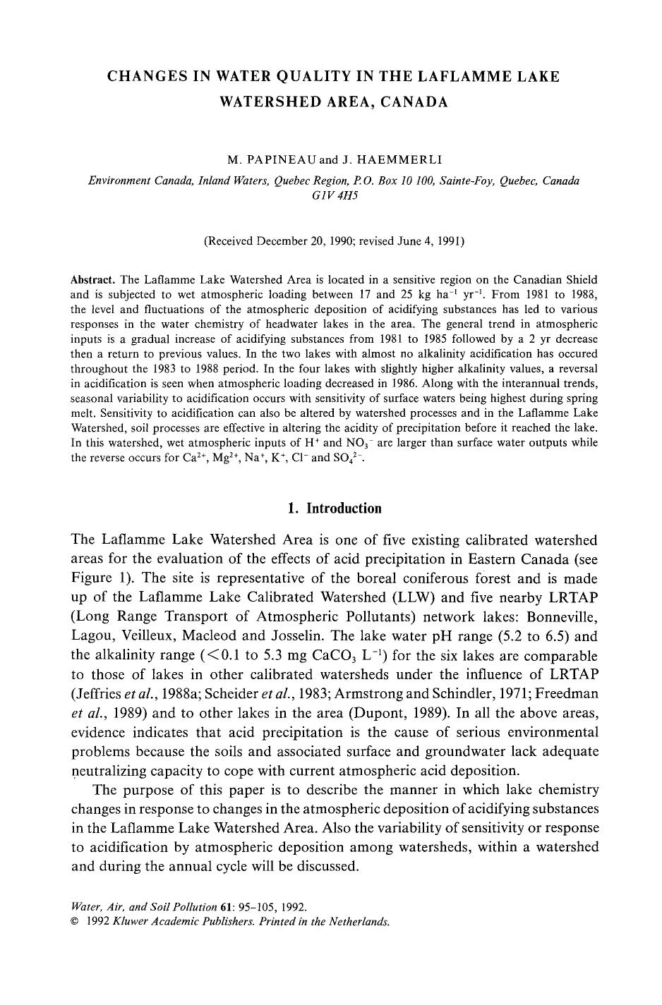 Changes in water quality in the Laflamme Lake Watershed Area, Canada by Unknown