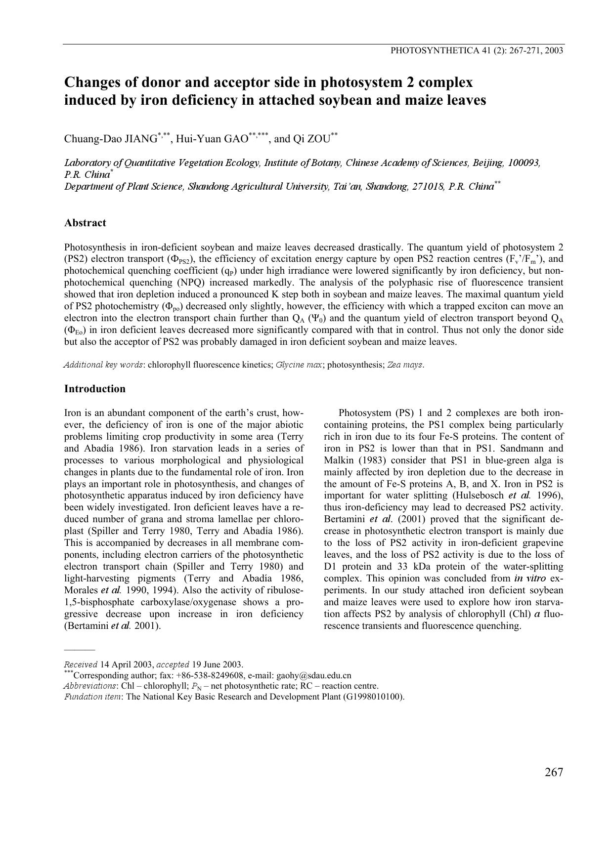 Changes of Donor and Acceptor Side in Photosystem 2 Complex Induced by Iron Deficiency in Attached Soybean and Maize Leaves by Unknown
