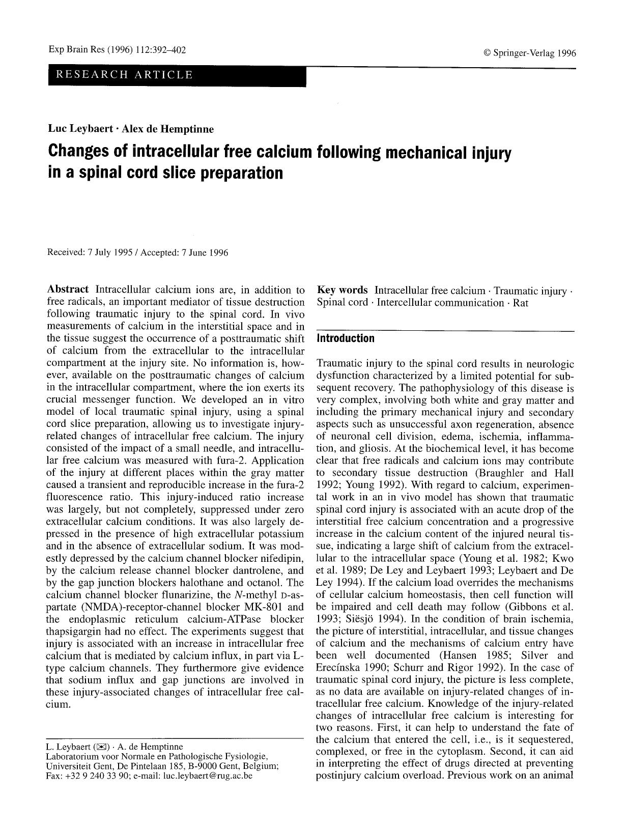 Changes of intracellular free calcium following mechanical injury in a spinal cord slice preparation by Unknown