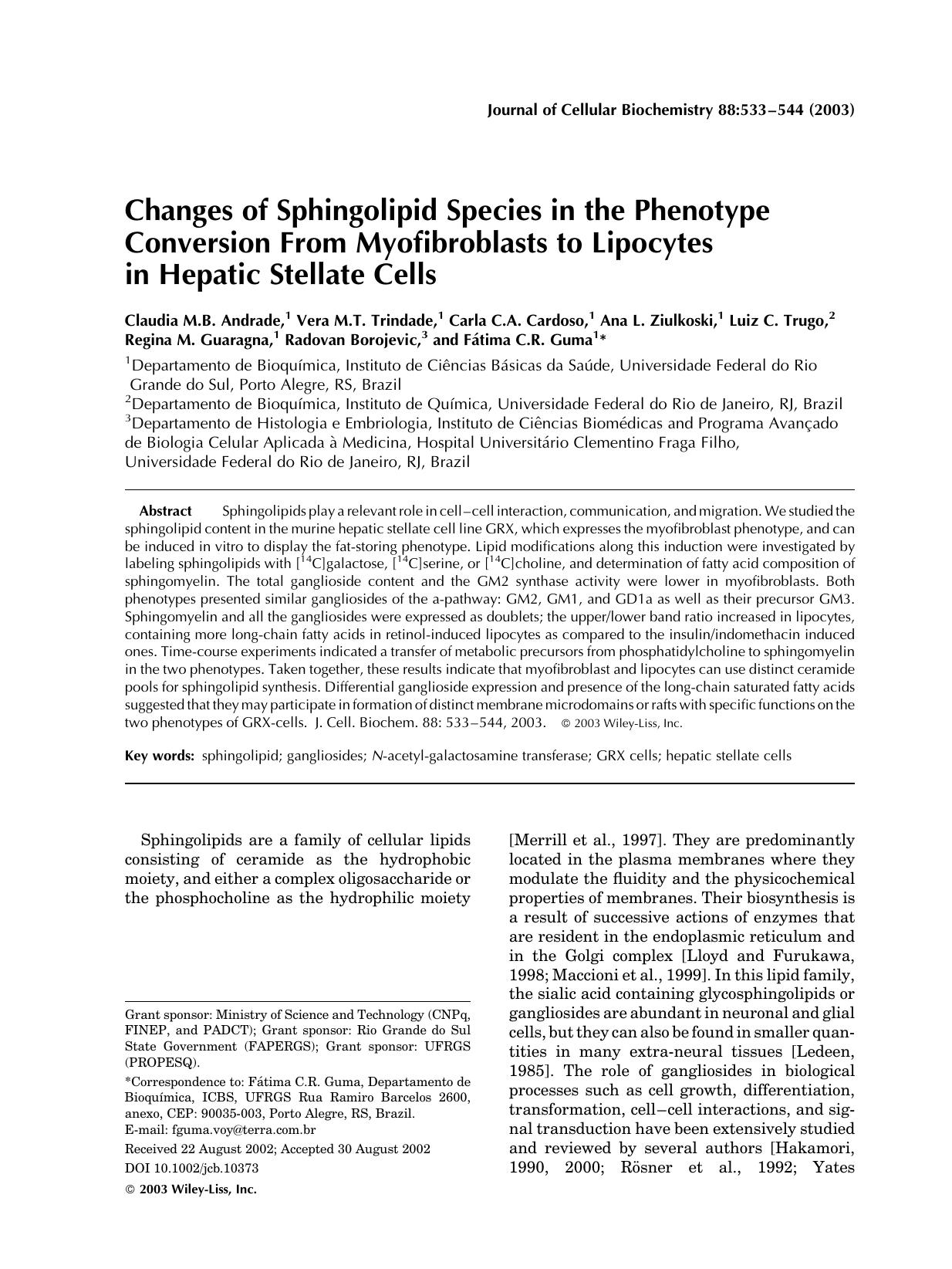 Changes of sphingolipid species in the phenotype conversion from myofibroblasts to lipocytes in hepatic stellate cells by Unknown