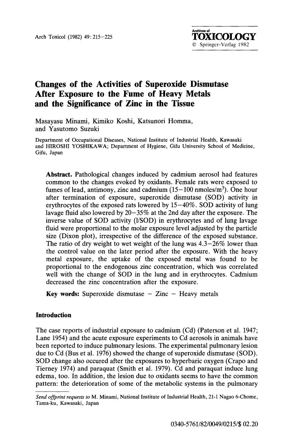 Changes of the activities of superoxide dismutase after exposure to the fume of heavy metals and the significance of zinc in the tissue by Unknown