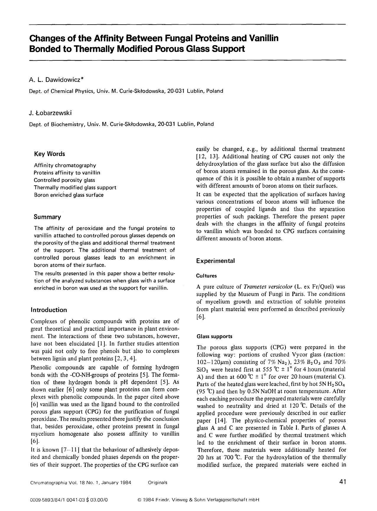 Changes of the affinity between fungal proteins and vanillin bonded to thermally modified porous glass support by Unknown