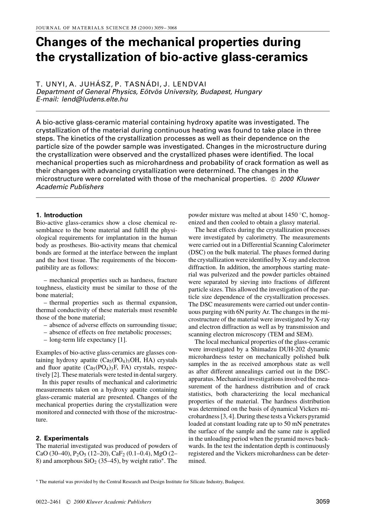 Changes of the mechanical properties during the crystallization of bio-active glass-ceramics by Unknown